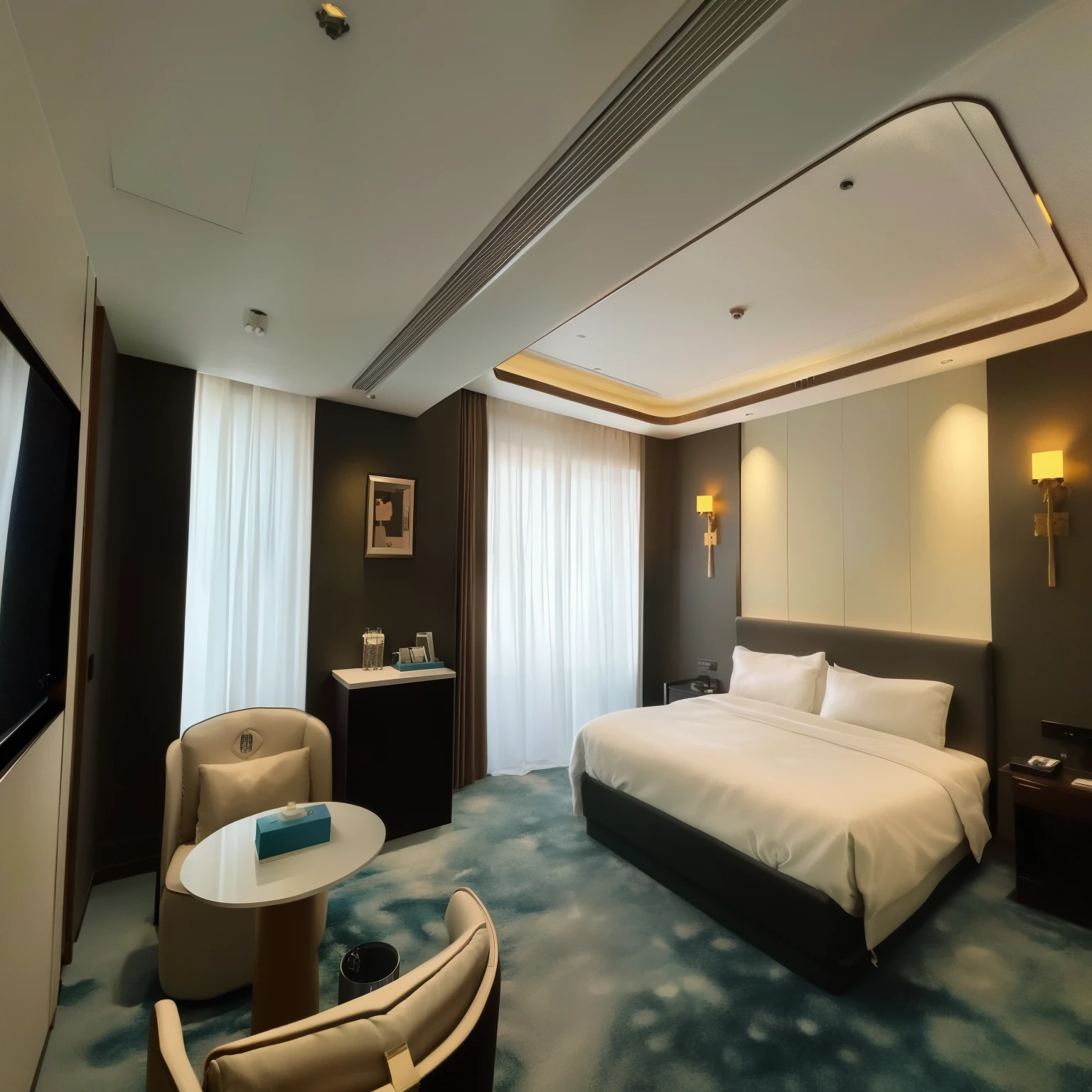 There was a big bed in the room，blue carpet, Luxurious environment, furnished room, bedroom, interior of room, With natural light as background, natural light in room, full room view, wide angle panorama, jin shan, an interior of room, color, other bedrooms can be seen, Photo taken on 2 0 2 0, A bright room, bedroom