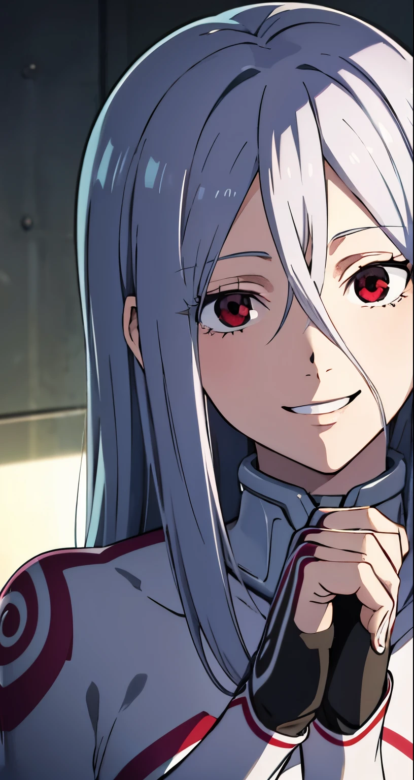 1girl,deadmanshiro,, deadman shiro, albino, hair between eyes, long hair, (red eyes:1.5), white hair, smile, grin, BREAK bodysuit, collar, skin tight, BREAK looking at viewer, BREAK indoors, prison, prison cell, BREAK (masterpiece:1.2), best quality, high resolution, unity 8k wallpaper, (illustration:0.8), (beautiful detailed eyes:1.6), extremely detailed face, perfect lighting, extremely detailed CG, (perfect hands, perfect anatomy),
 
