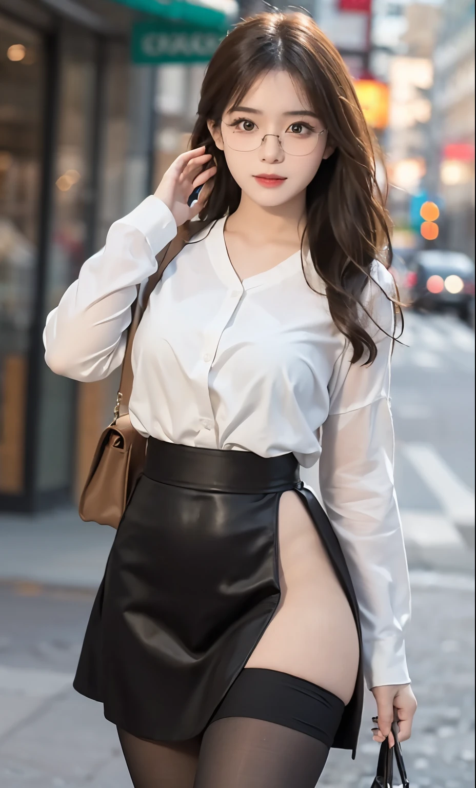 Ulzzang-6500-v1.1, (RAW photos:1.2), (realistic:1.4), Beautiful detailed girl, very detailed eyes and face, beautiful and delicate eyes, does not make sense, incredibly does not make sense, huge file size, very detailed, high resolution, very detailed, best quality, masterpiece, ((Fashion clothing in different colors)), illustration, very detailed, CG, unified, 8k wallpapers, amazing, fine details, masterpiece ,best quality, very detailed CG uniform 8k wallpapers, my face shines, movie lights, 1 woman, 16 years old, long white hair, side split, (big bust), (No panties)), (glasses), ((dynamic pose))), ((sexy pose))), (camel toe), (half), (pantyhose)), ((Black hip skirt))