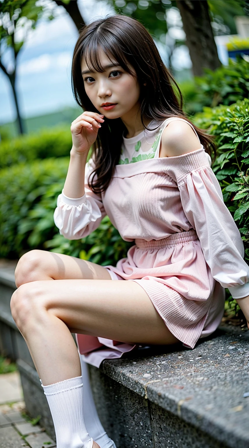 (8K、RAW photo、highest quality、masterpiece:1.2)、(realistic、Photoreal)、1 girl、I have a mole next to my eye、((Princess-like white and pink mini dress、sandals、black ribbon、See-through sleeves、torn clothes、Clothes full of scratches、））、lots of eyelashes、glitter on eyelids、black knee high socks、Skeletally correct、thighs open、medium long hair、sweaty body、attractive body beautiful perfect body、Beautifully aligned fingertips、chained on the hands and feet、mouth covered、dungeon、 chamber、nervous look