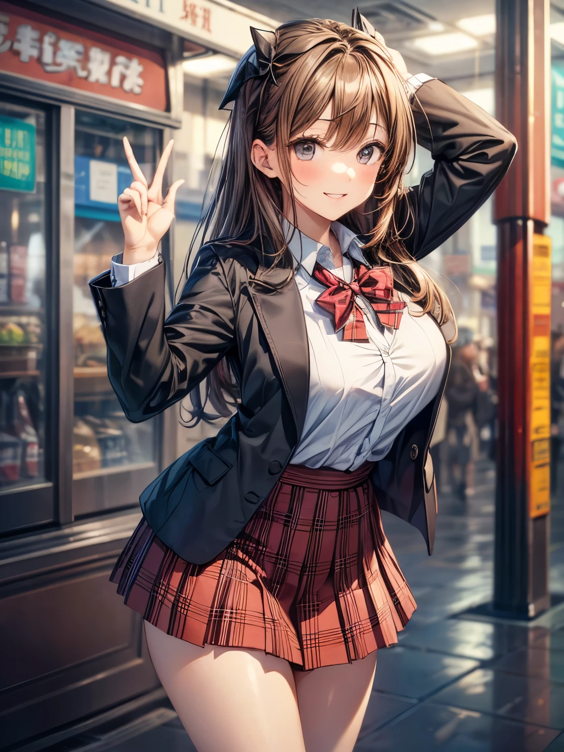 masterpiece, highest quality, High resolution, 1 girl, brown hair, long hair, bangs, brown eyes, big breasts, red bow tie, school uniform, black jacket, open jacket, Brown cardigan, white shirt, black skirt, plaid skirt, smile, open your mouth, turn your arms behind your back, leaning forward, amusement park