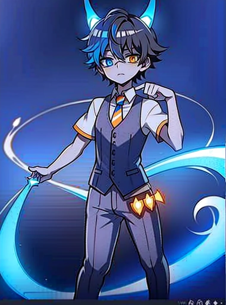 intricateddetails, cute boy, heterochromia, one orange eye one blue eye, heterochromia, one orange eye one blue eye, heterochromia, heterochromia, one orange eye one blue eye, heterochromia, one orange eye one blue eye, heterochromia, heterochromia, one orange eye one blue eye, heterochromia, one orange eye one blue eye, heterochromia, one orange eye one blue eye, heterochromia, one orange eye one blue eye, heterochromia, one orange eye one blue eye, tall, adult, kind, smart, wearing glasses, half orange half blue hair, clothing glowing deep blue and bright orange, dressed in a school uniform, orange shirt, deep blue pants, tie glows orange, full body view, cute paws, no background, twin tailed, one orange tail, one blue tail, holding an amazing, comically large, paintbrush in right hand like a staff, adjusting tie with left hand, school boy.