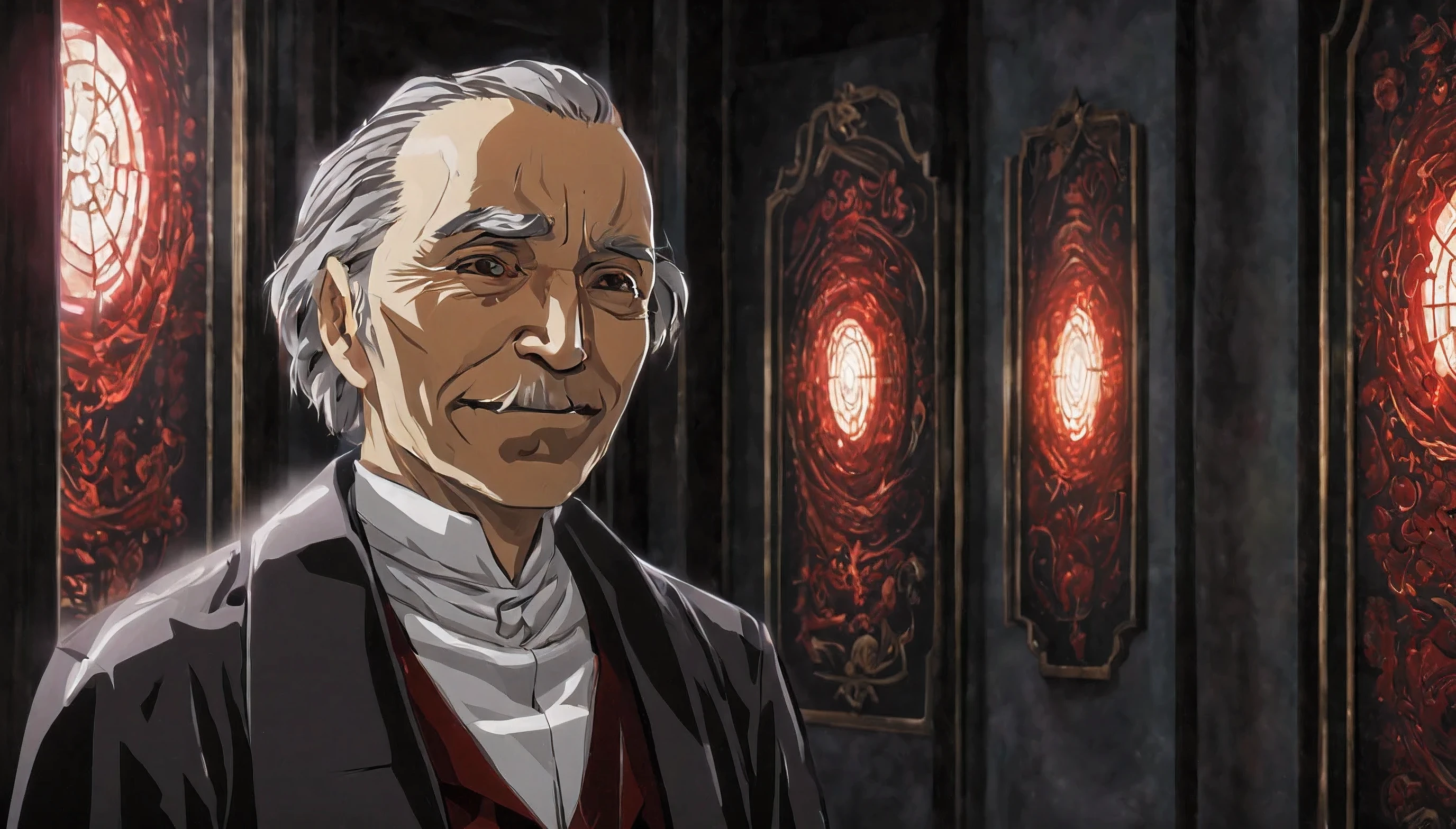 An old man light smile, vampire dressing suid, by Alfons Mucha, Conceptual art, anime, anime, Gothic art, depth of field, cinematic lighting, motion blur, chromatic aberration, sparkle, jpeg artifacts, glowing light, god rays, ray tracing, reflection light, backlighting, blending, bloom, chromatic aberration abuse, dithering, drop shadow, optical illusion, UHD, 1080P, UHD, retina, masterpiece, ccurate, anatomically correct, textured skin, super detail, high details, high quality, award winning, best quality, highres, 1080P, HD, 4K, 8k, 16k