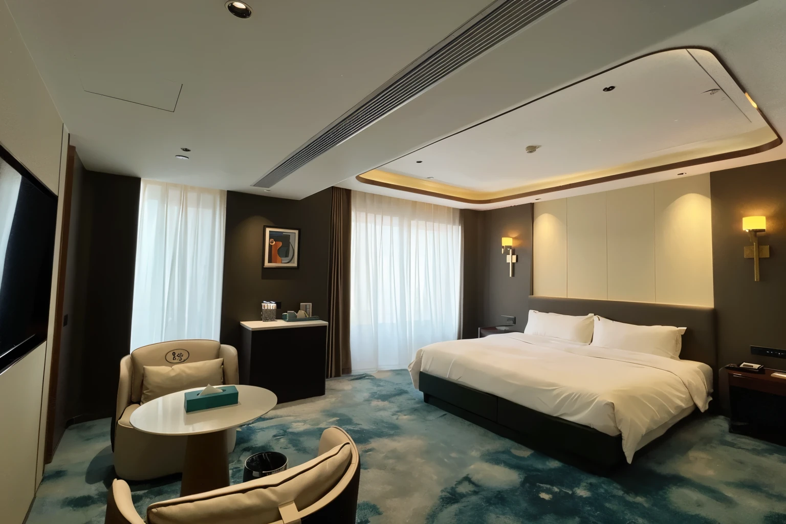 There was a big bed in the room,blue carpet, furnished room, natural light in room, interior of room, With natural light as background, full room view, Luxurious environment, marble room, the whole room, Shooting time 2 0 2 0, bedroom, photo Shooting time 2 0 2 0, gloomy, cozy atmosphere, jin shan, 可以看到其他bedroom