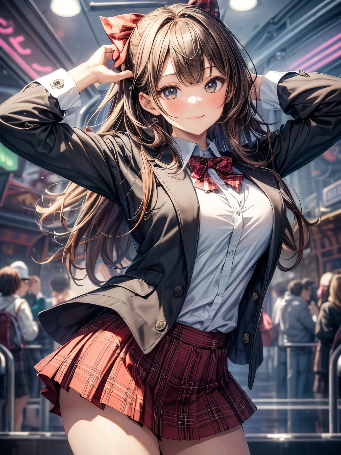 masterpiece, highest quality, High resolution, 1 girl, brown hair, long hair, bangs, brown eyes, big breasts, red bow tie, school uniform, black jacket, open jacket, (Brown cardigan), white shirt, black skirt, plaid skirt, smile, open your mouth, Put your arms behind your hips, leaning forward, amusement park