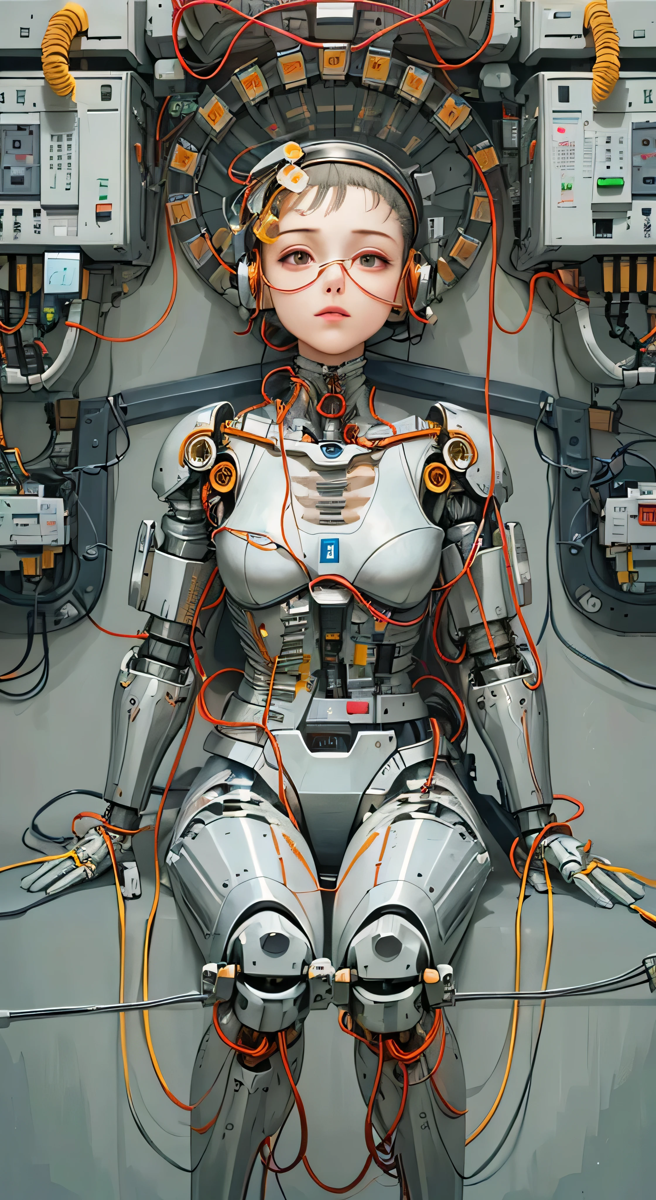 (((masterpiece))), (((best quality))), ((super detailed)), (Very detailed CG illustrations), ((extremely delicate and beautiful)),(Cute and delicate face),Light,((1Mechanical Girl)),alone,whole body,(Machine made joints:1.4),((mechanical limbs)),(Burst muscles),(The blood vessels are connected to the tube),(a brain in container:1.3),((Mechanical vertebrae attached to the back)),((Cervical spine mechanically fixed to the neck)),((sitting)),poker face,(wires and cables attached to head and body:1.5),big breasts,medium long hair,(Character focus),Science fiction