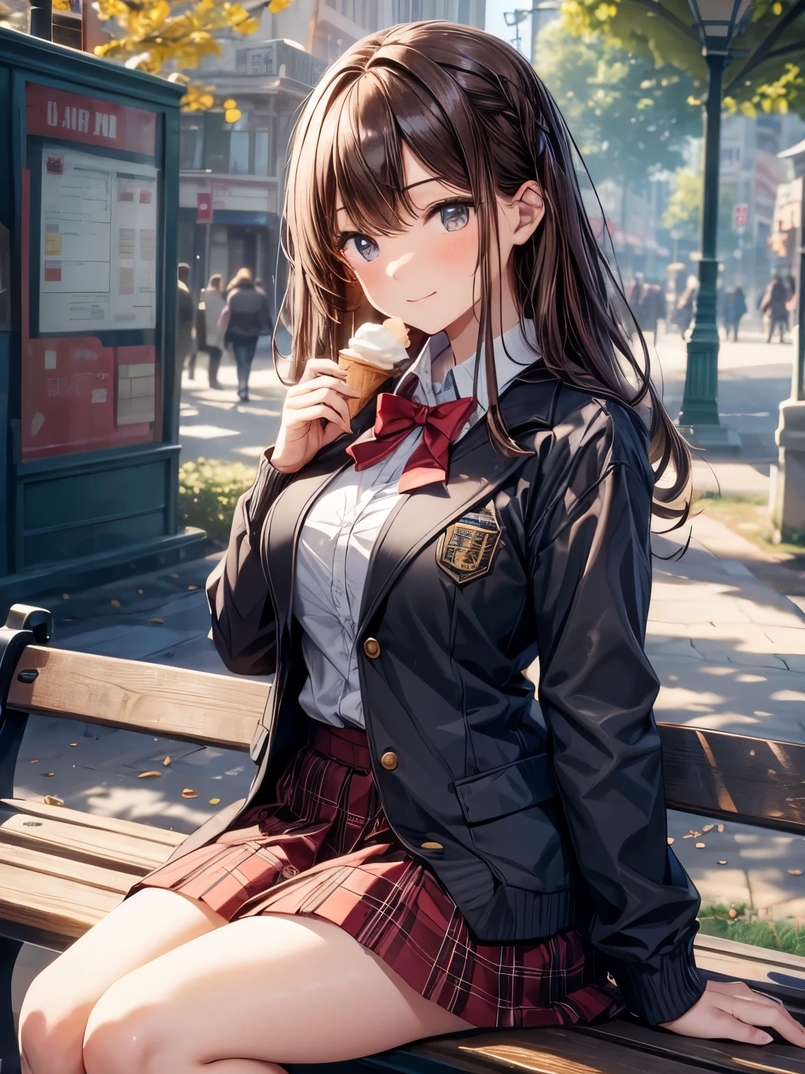 masterpiece, highest quality, High resolution, 1 girl, brown hair, long hair, bangs, brown eyes, big breasts, red bow tie, school uniform, black jacket, open jacket, (Brown cardigan), white shirt, black skirt, plaid skirt, smile, open your mouth, hands on hips, amusement park, sit on a bench, eat soft serve ice cream