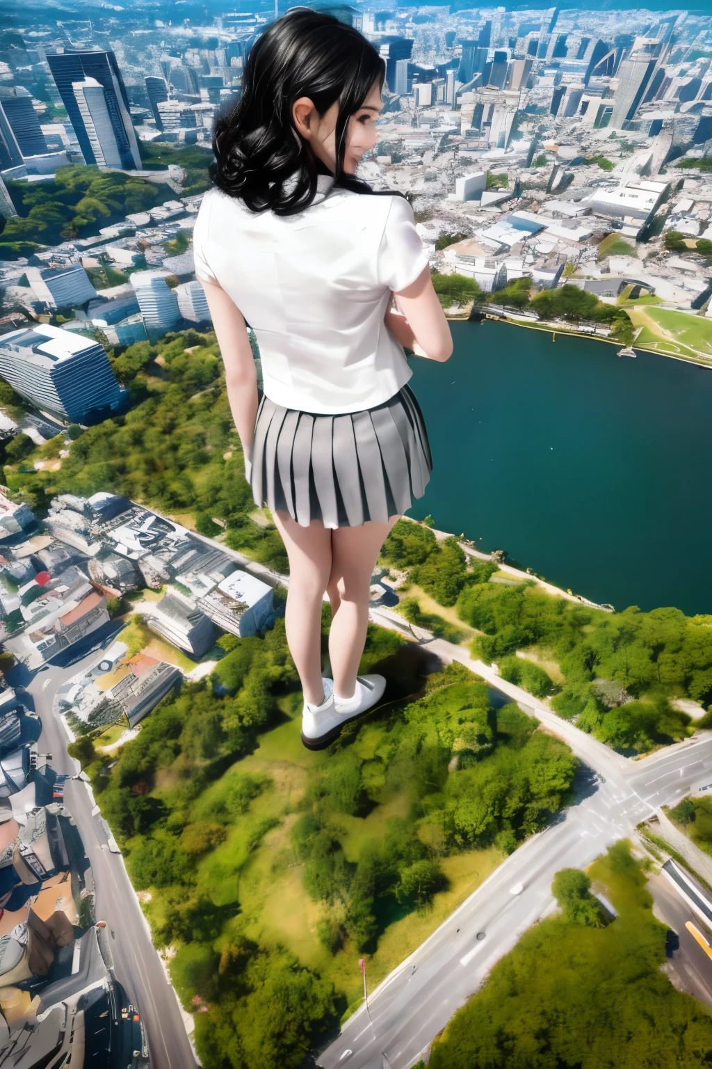 masterpiece, best quality, hyperrealistic, cinematic photo, woman, giantess, GTS,pale skin, japanese amazing slim body, white blouse, pleated skirt, wavy black hair, large legs, wide hips, perfect hands, beautiful face, perfect face, pretty japanese, youthful, smile, (blured background), modern style, from behind,from below, (high-angle shoot), aereal view, bending over, standing on city, (view viewer), looking back, (8k, epic composition, photorealistic, sharp focus), sophisticated background, small miniature city, sunny day, sunlight, DSLR, foil grain