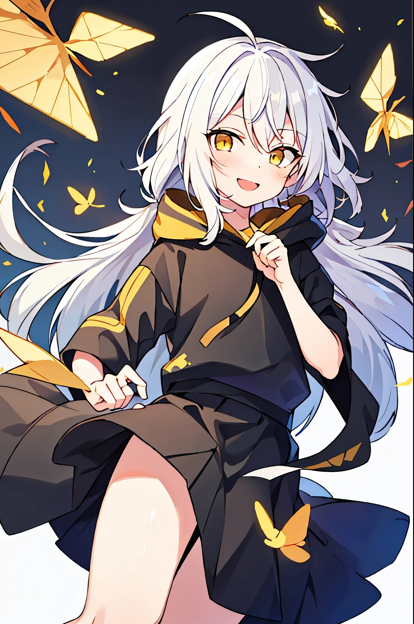 (high-quality, breathtaking),(expressive eyes, perfect face), 1girl, girl, solo, short, young girl, long white hair, yellow eyes, smile, black hoodie, white background , She wears a black skirt