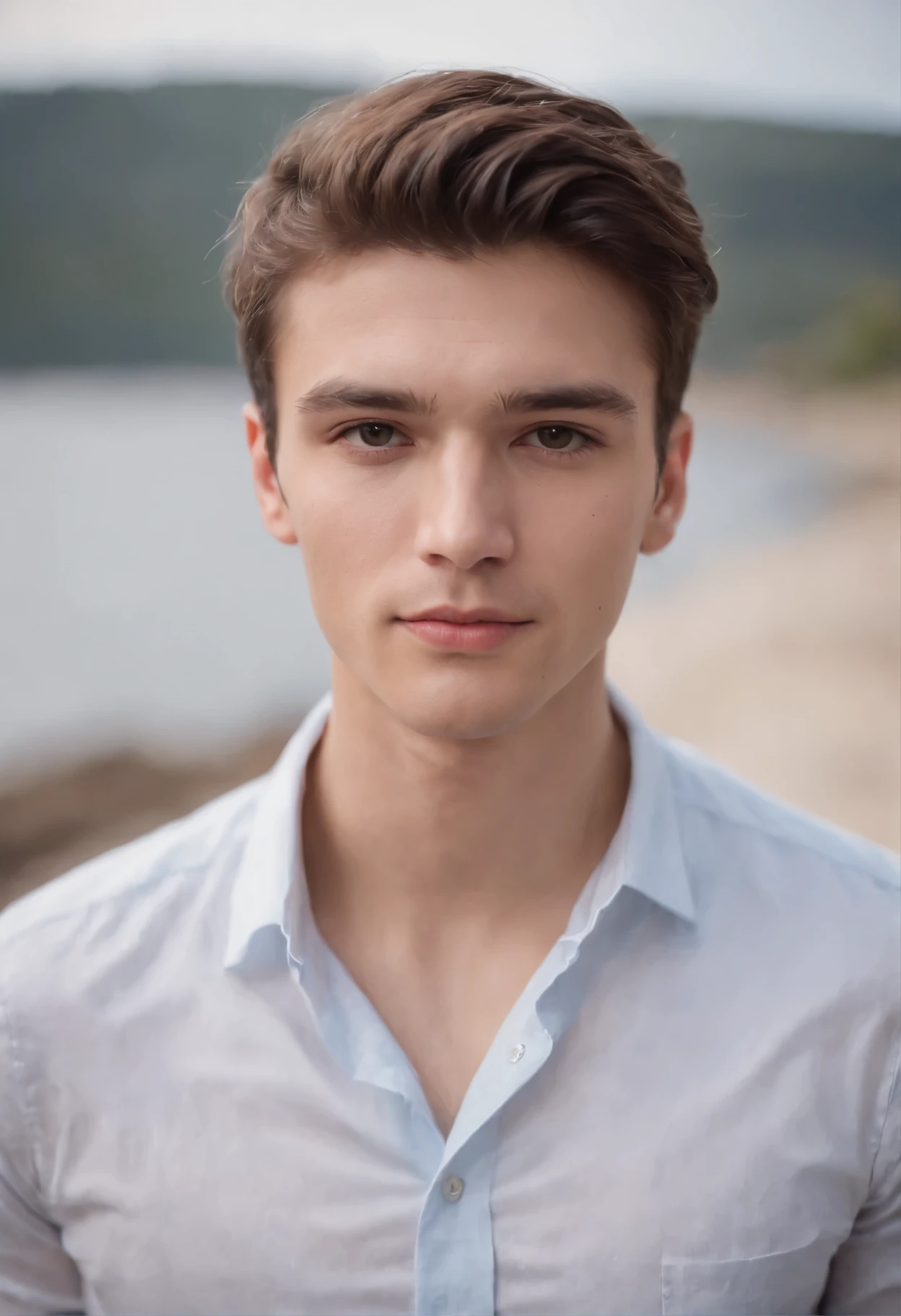 Portrait of a handsome man 20 years old round face cinematic appearance、camisa branca 、Looking at camera and talking to microphone