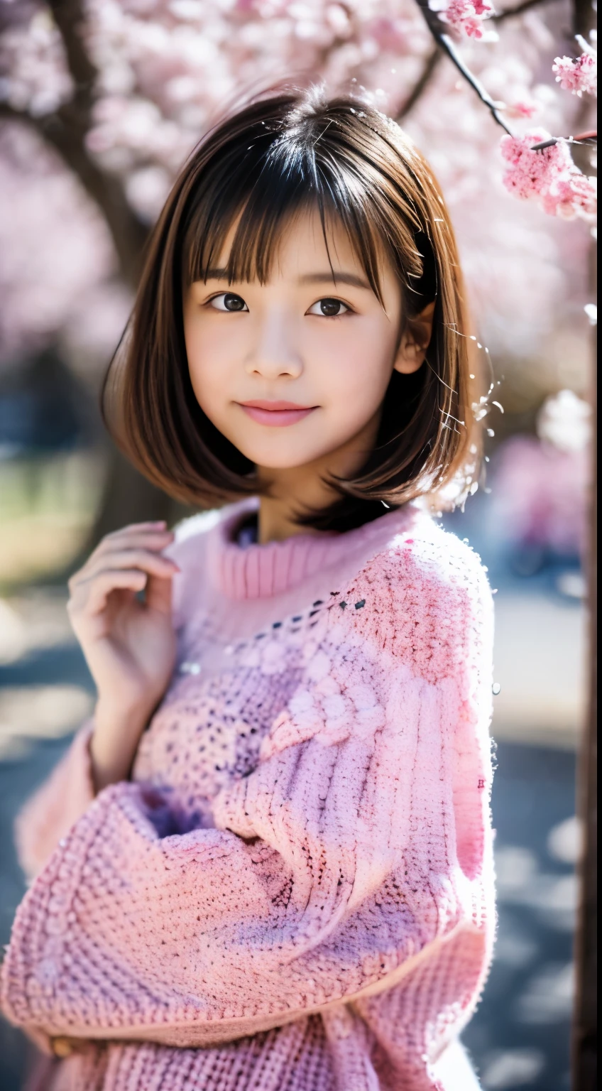 standing under the cherry tree, japanese girl, 15 years old, little, cute, (pink oversized knitted sweater:1.3), snowing, pupils sparkling, brown short hair, depth of field, f/1.8, anatomically correct, textured skin, super detail, high details, high quality, super detail, high details, high quality, best quality, highres