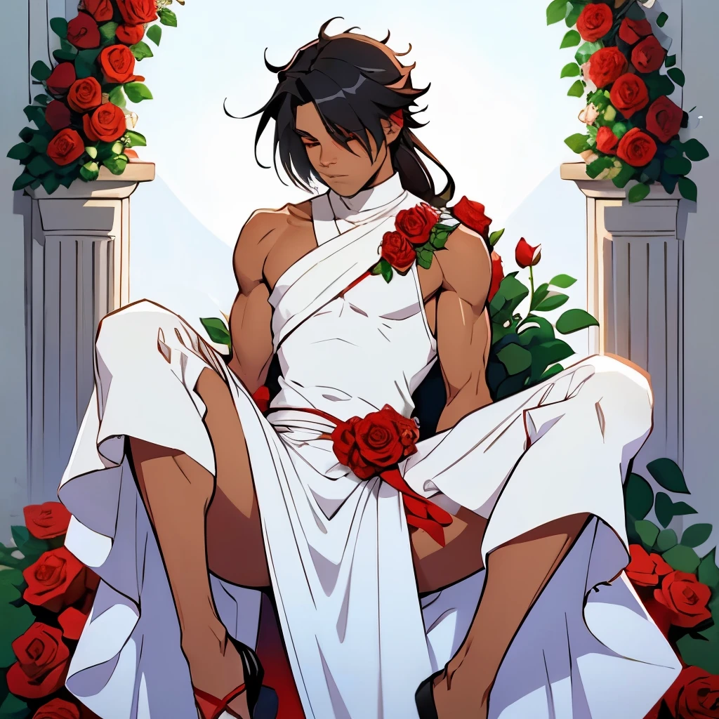 A man (male), in a white dress, with roses covering him, light tan skin, roses on his leg, black floofy hair part of it covering his eyes, and red eyes, skinny