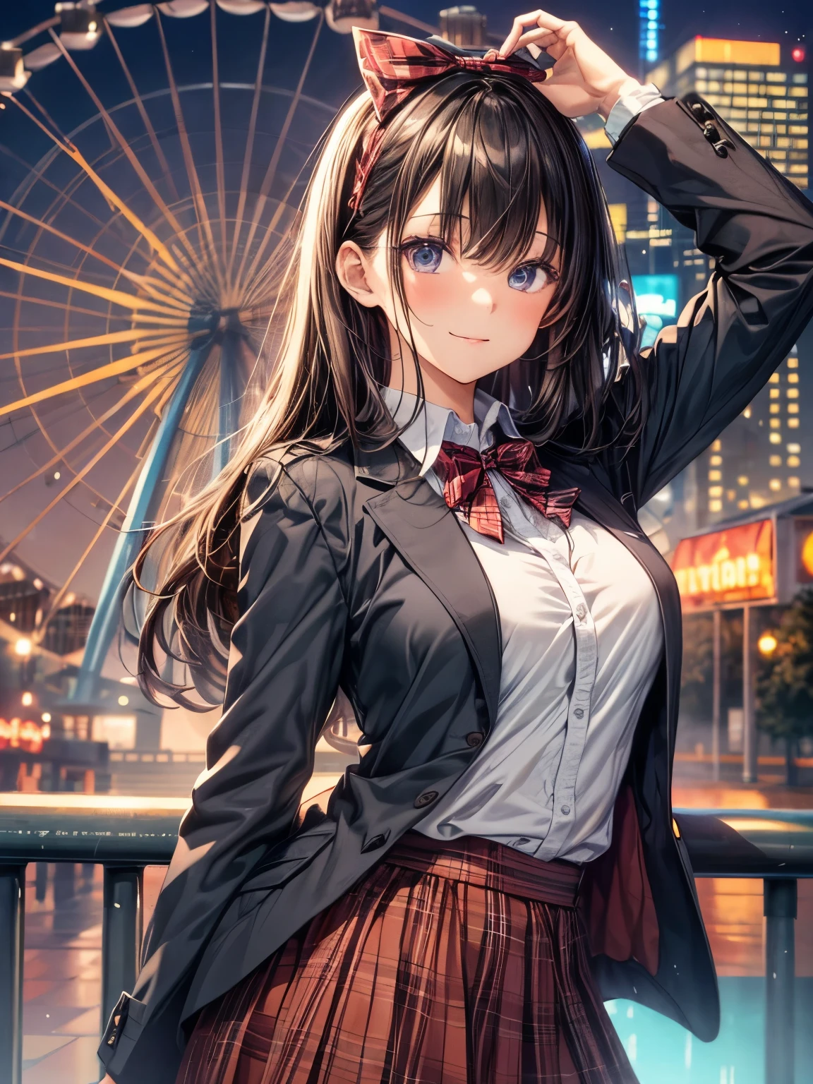masterpiece, highest quality, High resolution, 1 girl, brown hair, long hair, bangs, brown eyes, big breasts, red bow tie, school uniform, black jacket, open jacket, white shirt, black skirt, plaid skirt, smile, open your mouth, amusement park, Ferris wheel, night, light up