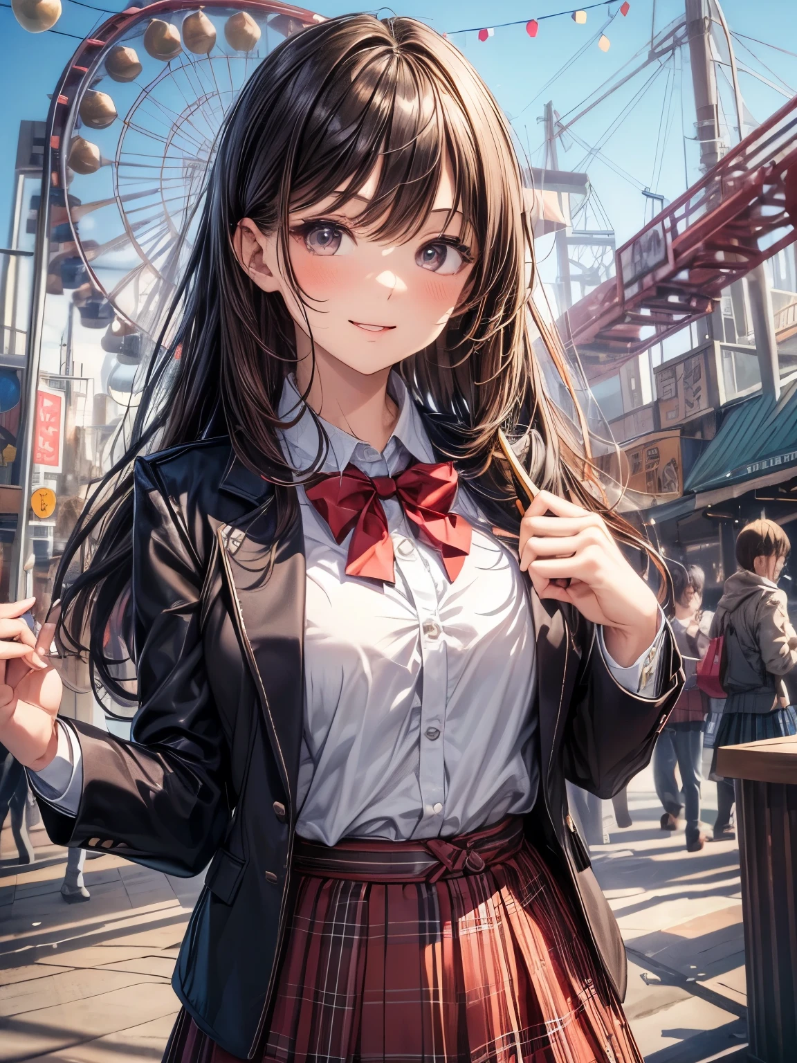 masterpiece, highest quality, High resolution, 1 girl, brown hair, long hair, bangs, brown eyes, big breasts, red bow tie, school uniform, black jacket, open jacket, white shirt, black skirt, plaid skirt, smile, open your mouth, amusement park, roller coaster, 
