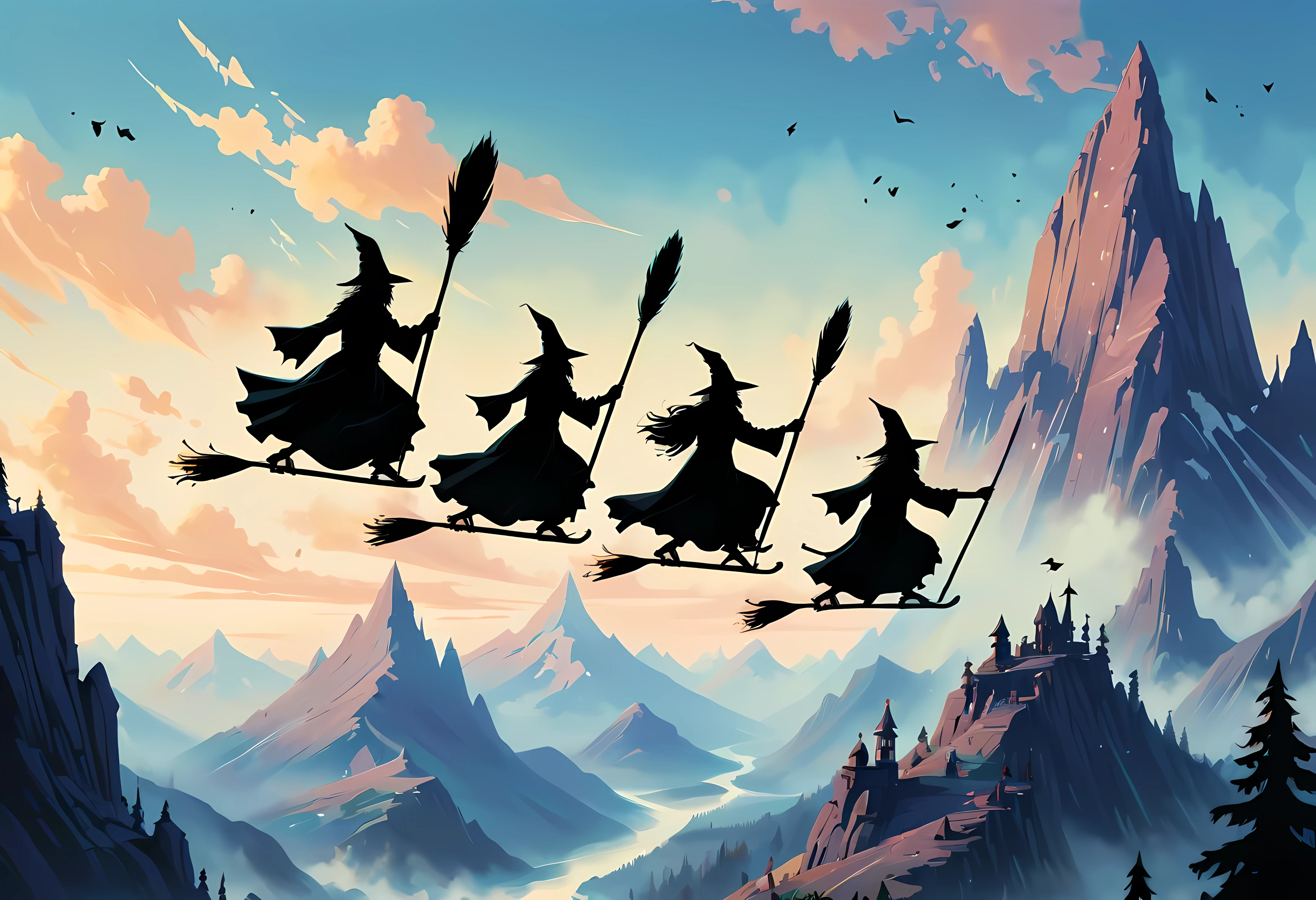 ((Multiple Wizards riding flying broomstick race):1.1), ((Wizards riding flying broomstick):1.3), ((Flying Broomstick):1.4)), ((Vast sky and distant mountain):1.2), ((soft_color_painting:)1.5), ((soft_color_tones):1.4), ((Movie-like still images and dynamic angles):1.3), ((cool and beautiful shadow silhouette):1.1), Gouache with intricate details, Add a touch of realism to this visually detailed and stylistically diverse masterpiece, Detailed brushstrokes have been enhanced, Careful brushwork creates an atmosphere, Utilize delicate yet powerful brushstroke techniques, Create an enchanting atmosphere. highly detailed gouache, ((Unparalleled sharpness and clarity):1.1), ((Radiosity rendered in stunning 32K resolution):1.3), All captured with sharp focus.
