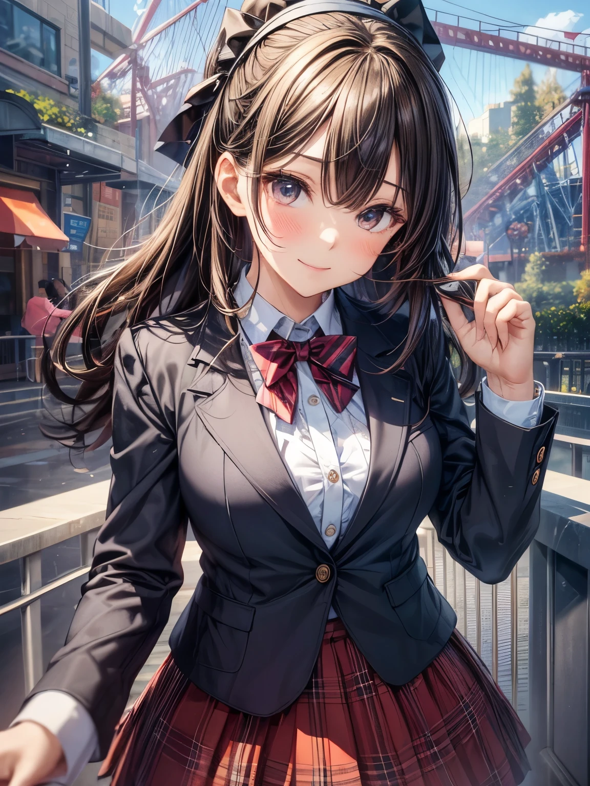 masterpiece, highest quality, High resolution, 1 girl, brown hair, long hair, bangs, brown eyes, big breasts, red bow tie, school uniform, black jacket, open jacket, white shirt, black skirt, plaid skirt, smile, open your mouth, amusement park, roller coaster,