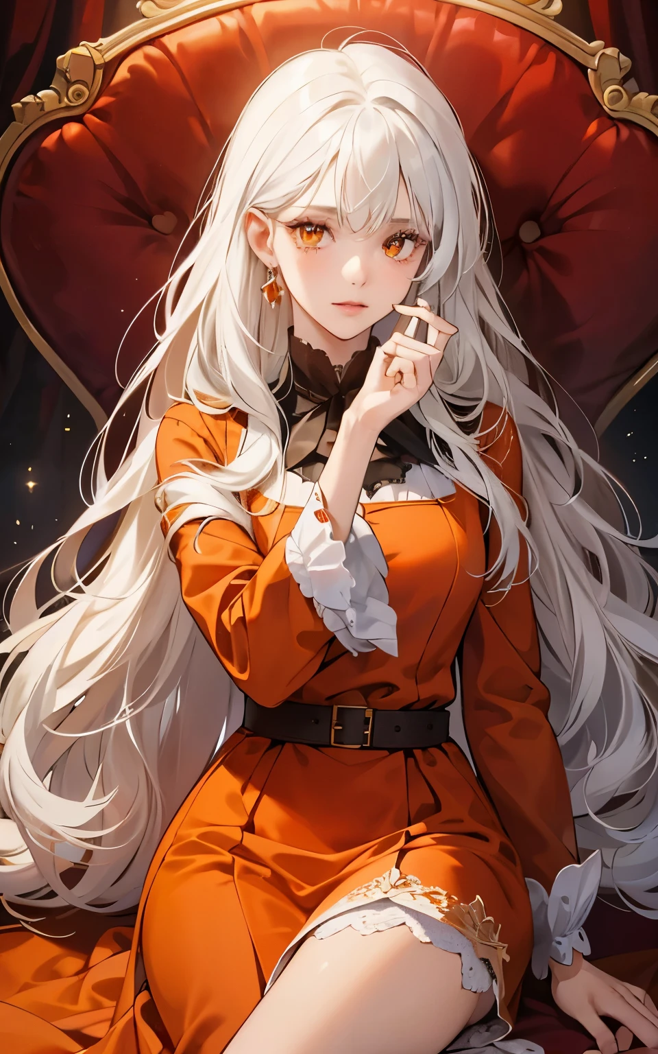 1girl, masterpiece:1.4, best quality:1.4, high resolution:1.4,

OLGA_MARIE, a mature woman with white hair:1.2, cascading long white locks:1.2,
 Orange eyes:1.2, narrowed in a thoughtful gaze:1.2,
 Long hair:1.2, gently falling between her eyes:1.2,

Dressed in a stunning red jacket:1.2, with a long orange ascot:1.2,
 Hidden under a long-sleeved dress:1.2, intricately designed:1.2,
 The skirt reaching down