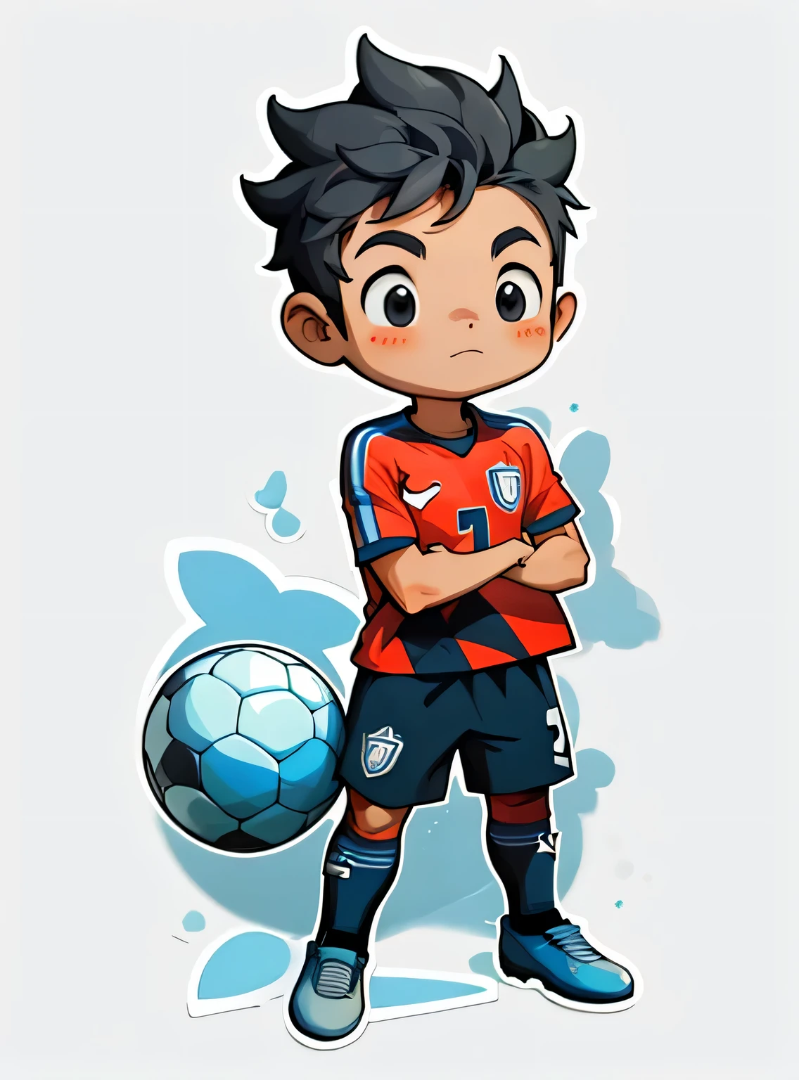Aguarde, adesivo, 1 menino, jogador de futebol, fundo simples.