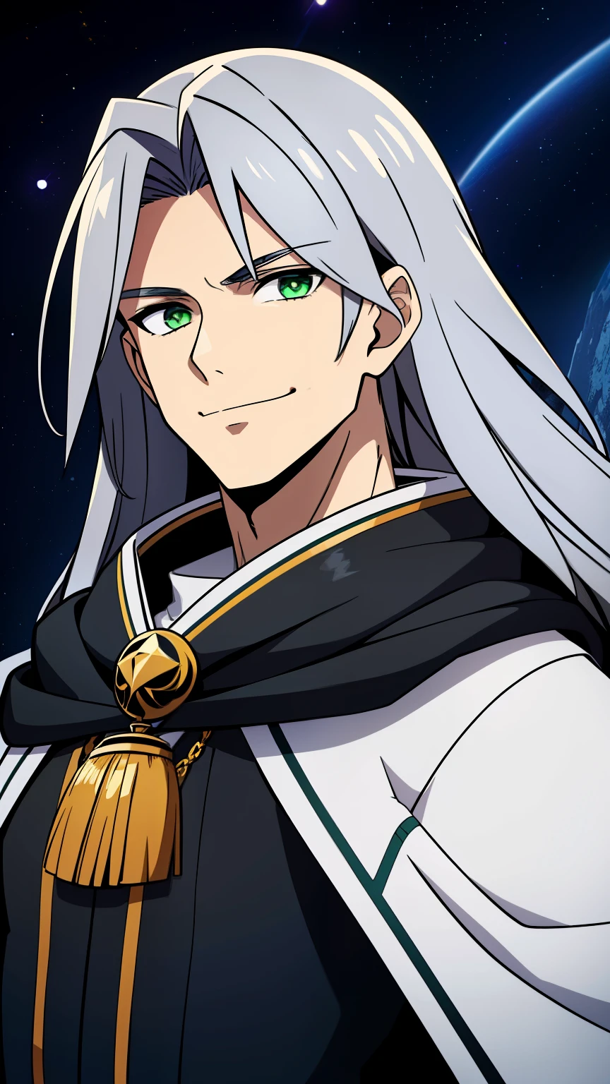 (high-quality, breathtaking),(expressive eyes, perfect face) 1male, male, solo, adult age, long length hair, Grey hair color, glowing hair, white strands in hair, unkept hair, wild hair, deep green eyes, soft expression, black cloak, white shirt, fantasy mage clothing, Mercury planet, Mercury Roman God of Travellers and Trickery, space background, portrait, upper body, magic, dad vibe, smile, Hermes inspired