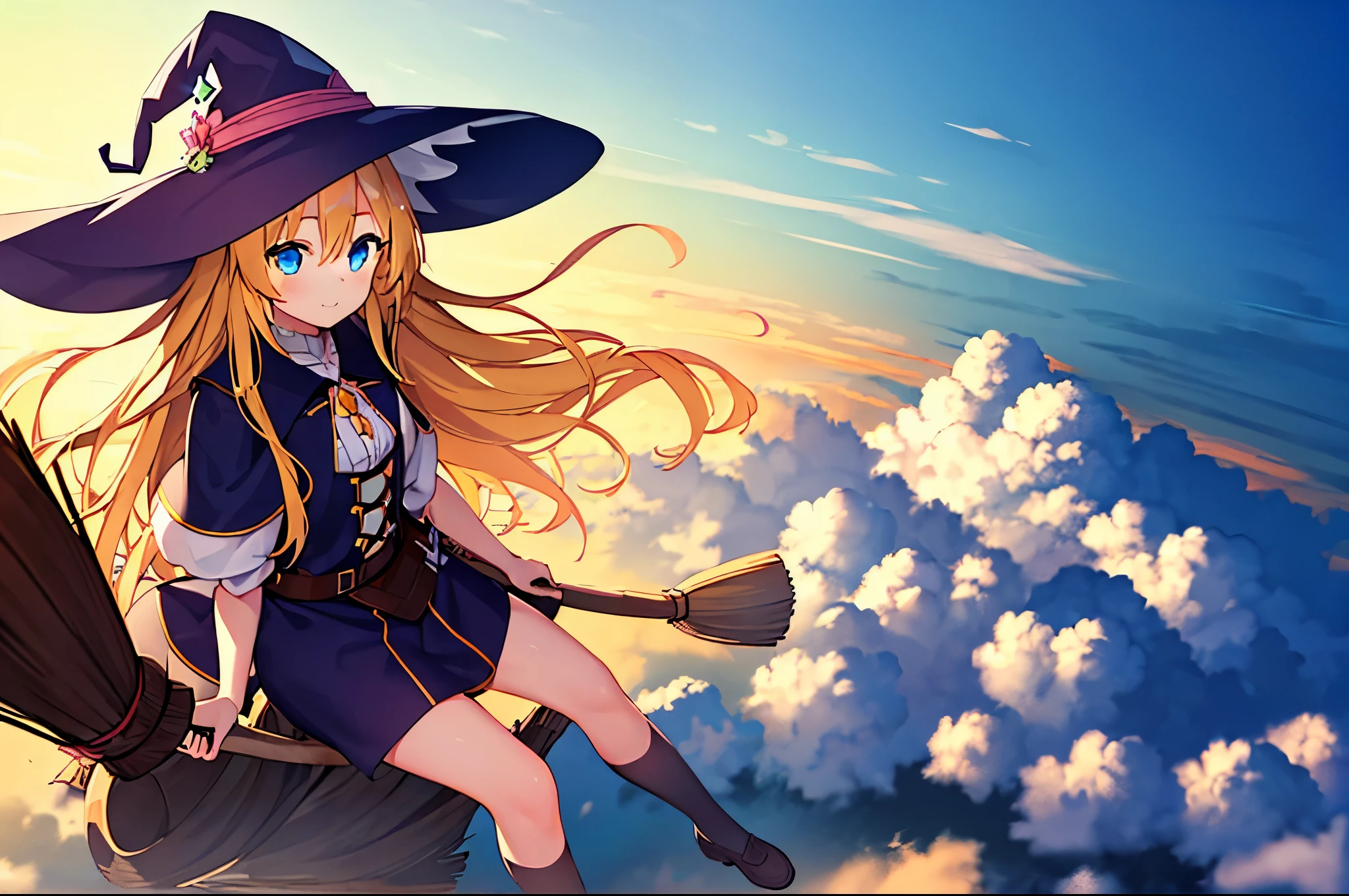 1girl,prt,blonde hair,blue eyes,long hair,one side up,flying,above clouds,witch hat,broom riding,broom,sitting,gorgeous color grading,gorgeous gradient,glowing shadow