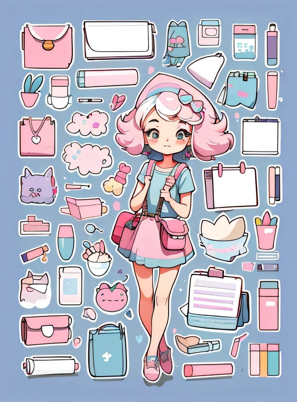 1 adesivo, manual, (uma garota estilosa, modelo, Top rosa, saco das senhoras, lots of Bonitinho cosmetics, caderno, papelaria, tissue, Bonitinho pouch), fundo roxo e azul, fundo simples, minimum, Bonitinho, pequeno, cor pastel, estilo vetorial, sem gradiente,