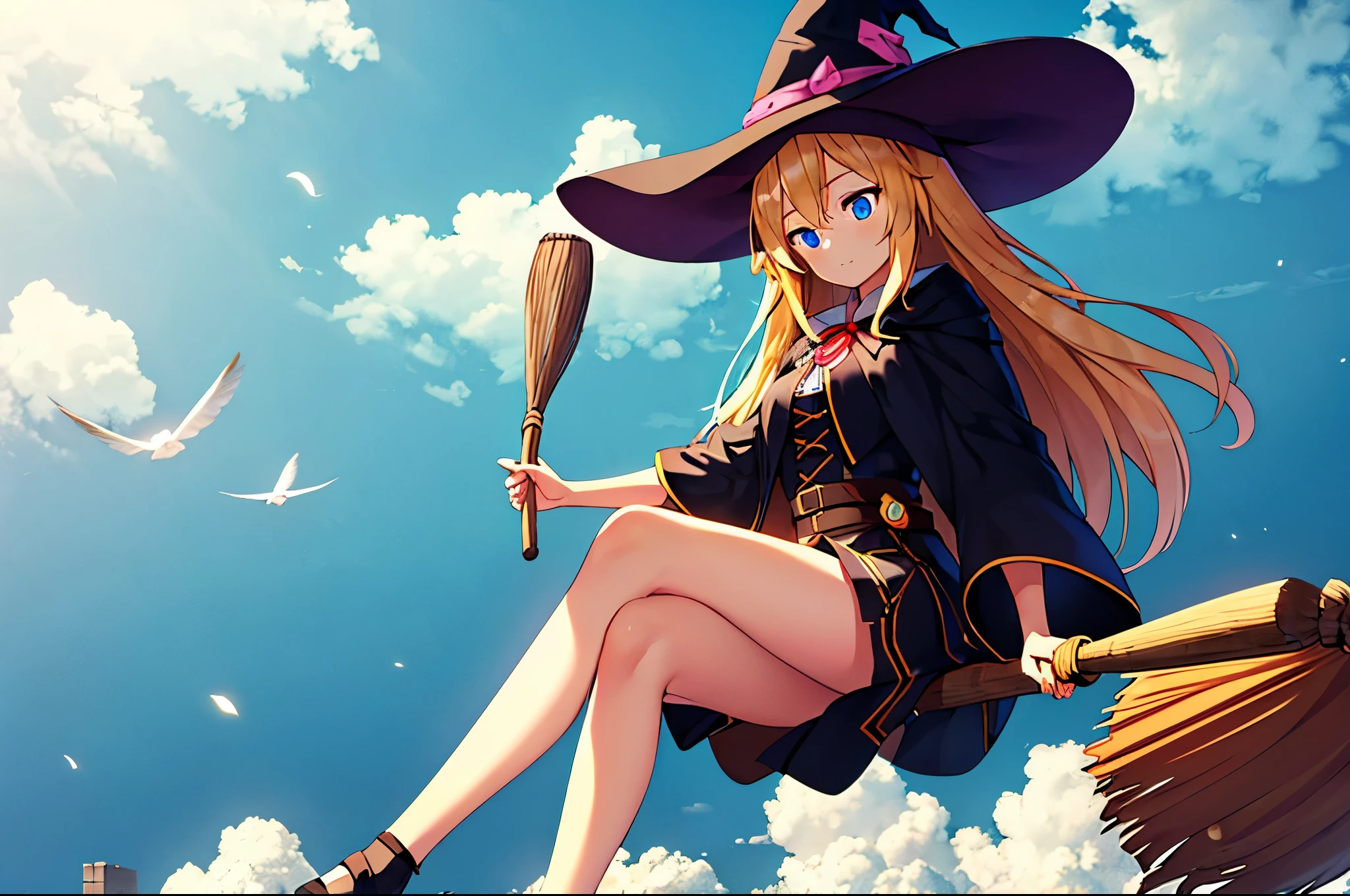 1girl,prt,blonde hair,blue eyes,long hair,one side up,flying,above clouds,witch hat,broom riding,broom,sitting,gorgeous color grading,gorgeous gradient,glowing shadow