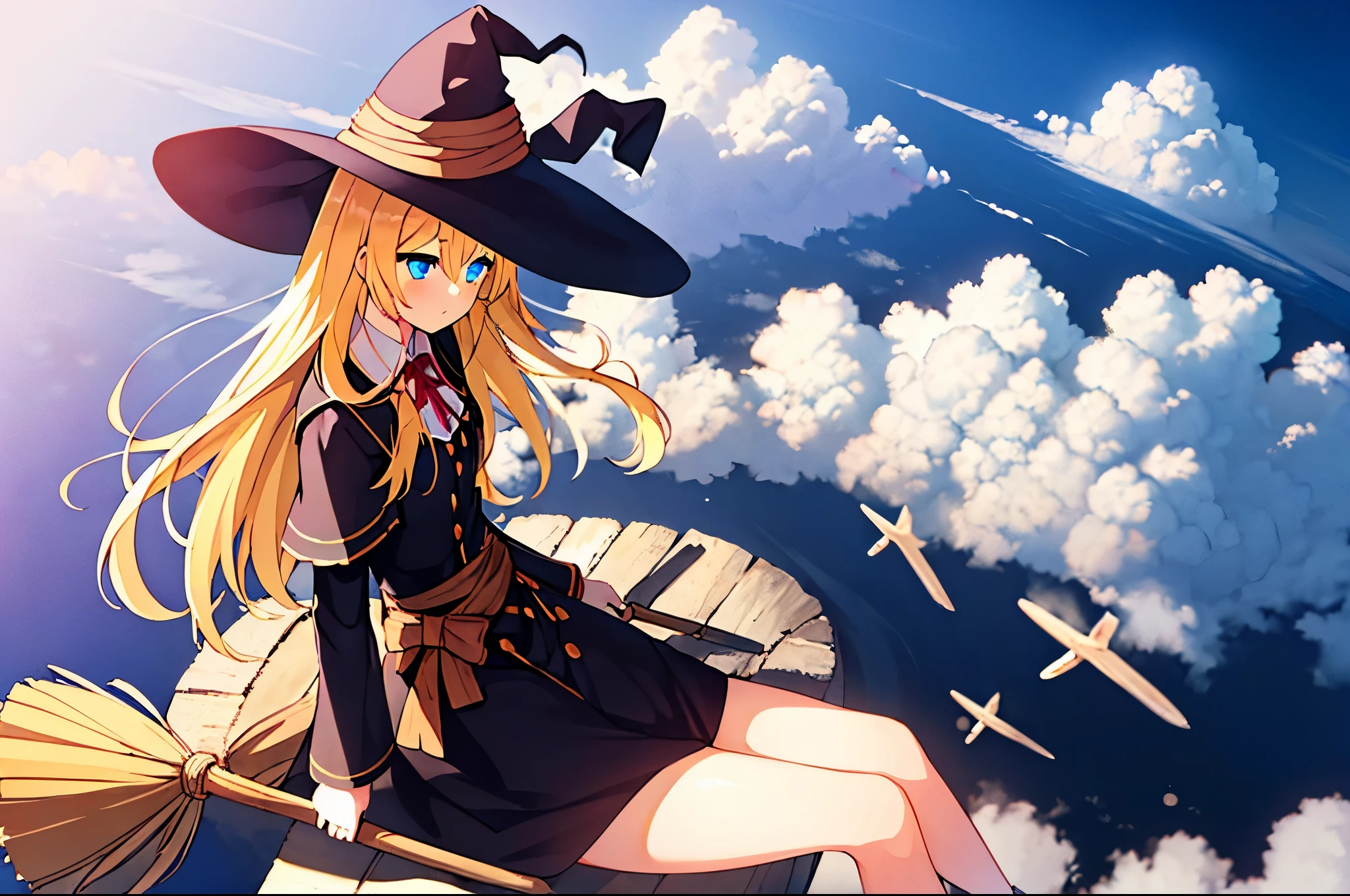 1girl,prt,blonde hair,blue eyes,long hair,one side up,flying,above clouds,witch hat,broom riding,broom,sitting,gorgeous color grading,gorgeous gradient,glowing shadow