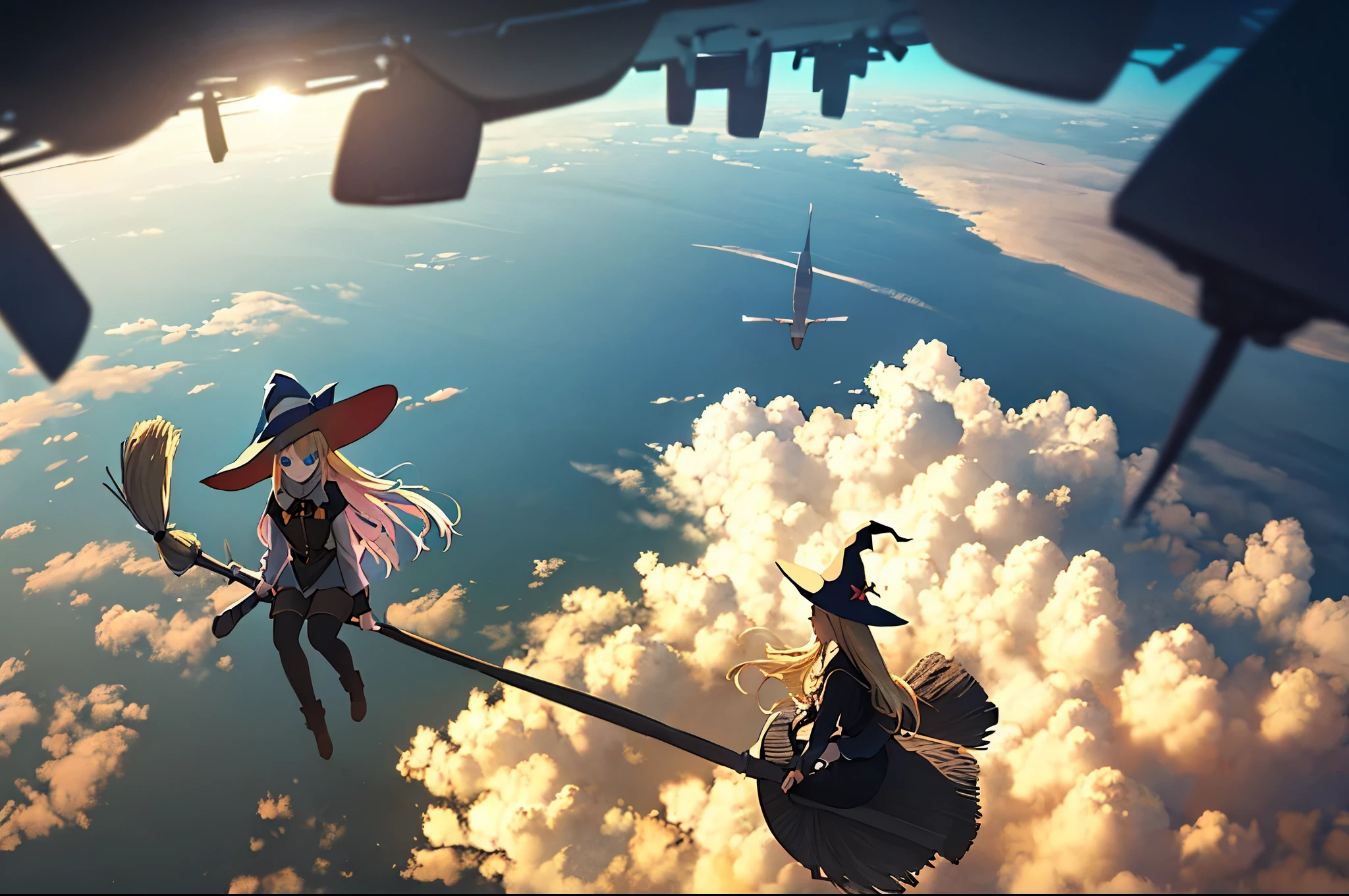 1girl,prt,blonde hair,blue eyes,long hair,one side up,flying,above clouds,witch hat,broom riding,broom,sitting,gorgeous color grading,gorgeous gradient,glowing shadow