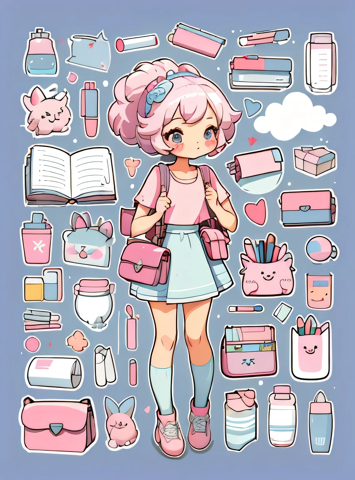 1 adesivo, manual, (uma garota estilosa, modelo, Top rosa, saco das senhoras, lots of Bonitinho cosmetics, caderno, papelaria, tissue, Bonitinho pouch), fundo roxo e azul, fundo simples, minimum, Bonitinho, pequeno, cor pastel, estilo vetorial, sem gradiente,