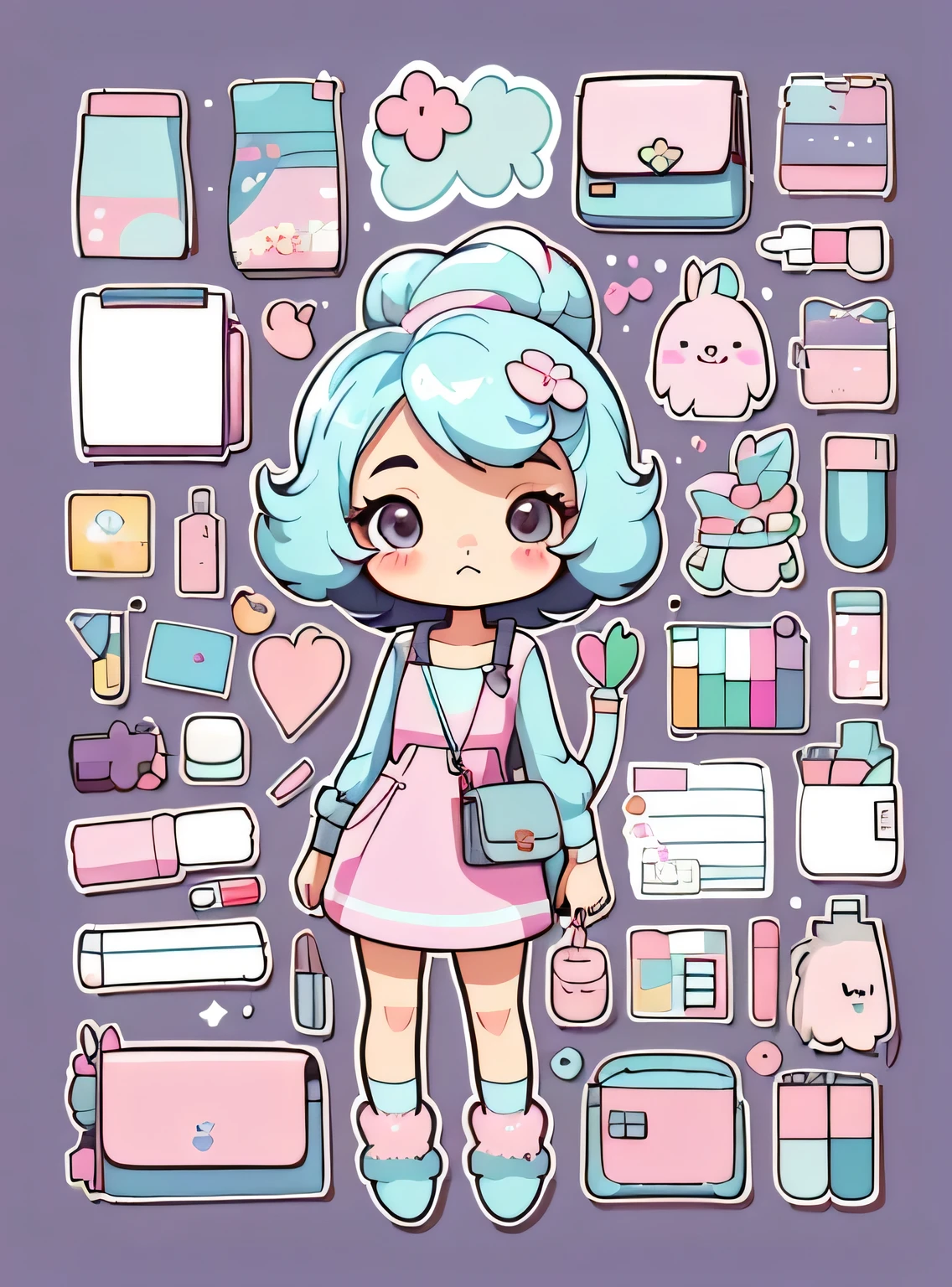 1 adesivo, manual, (uma garota estilosa, modelo, Top rosa, saco das senhoras, lots of Bonitinho cosmetics, caderno, papelaria, tissue, Bonitinho pouch), fundo roxo e branco, fundo simples, minimum, Bonitinho, pequeno, cor pastel, estilo vetorial, sem gradiente，