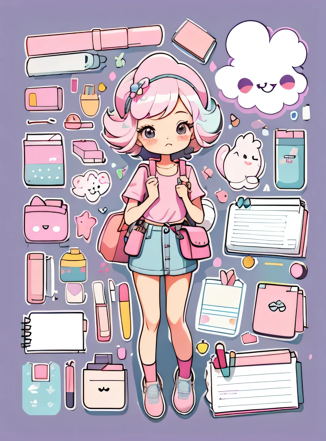 1 adesivo, manual, (uma garota estilosa, modelo, Top rosa, saco das senhoras, lots of Bonitinho cosmetics, caderno, papelaria, tissue, Bonitinho pouch), fundo roxo e branco, fundo simples, minimum, Bonitinho, pequeno, cor pastel, estilo vetorial, sem gradiente,