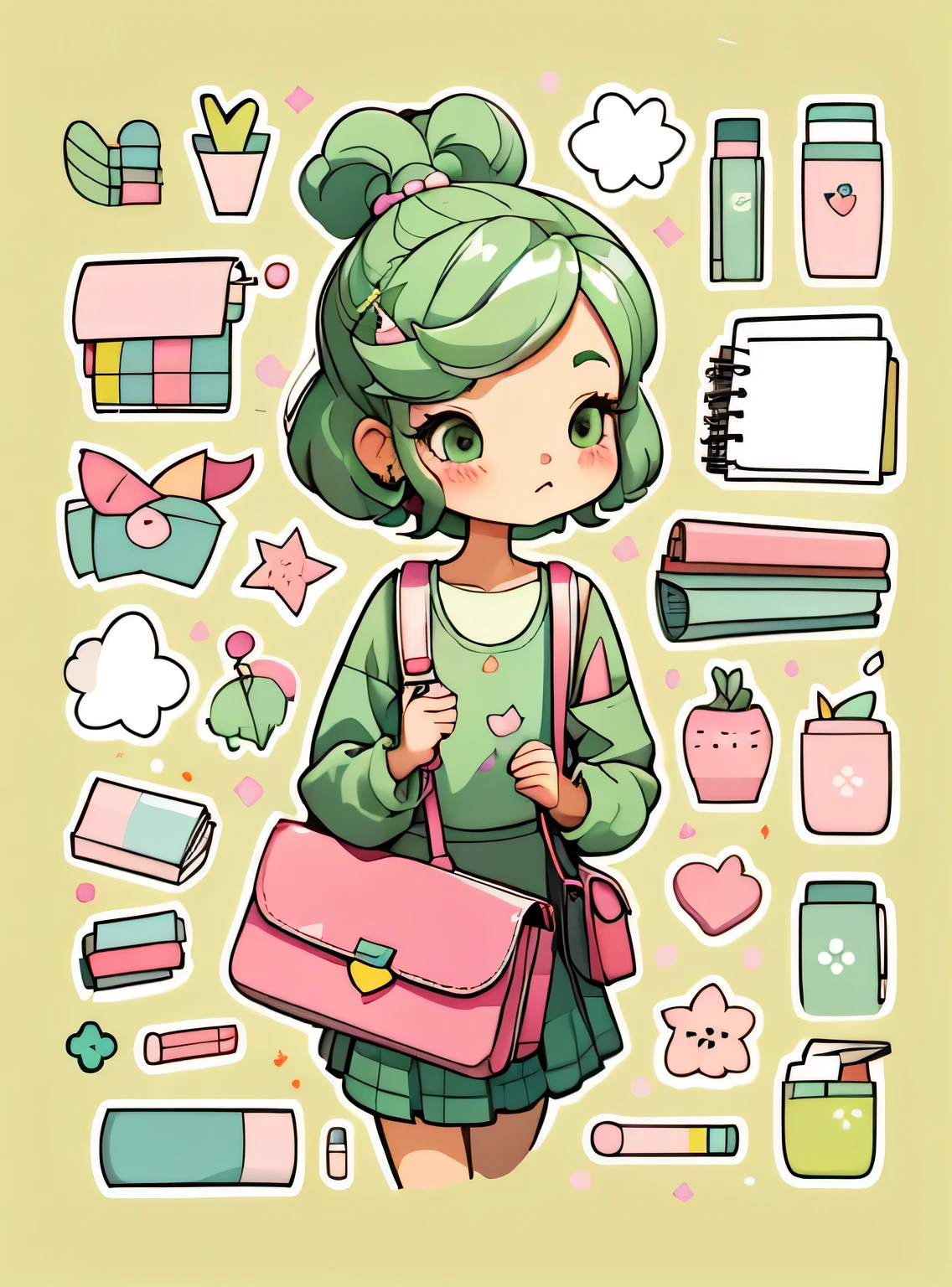 1 adesivo, manual, (uma garota estilosa, modelo, Top rosa, saco das senhoras, lots of Bonitinho cosmetics, caderno, papelaria, tissue, Bonitinho pouch), fundo amarelo e verde, fundo simples, minimum, Bonitinho, pequeno, cor pastel, estilo vetorial, sem gradiente,