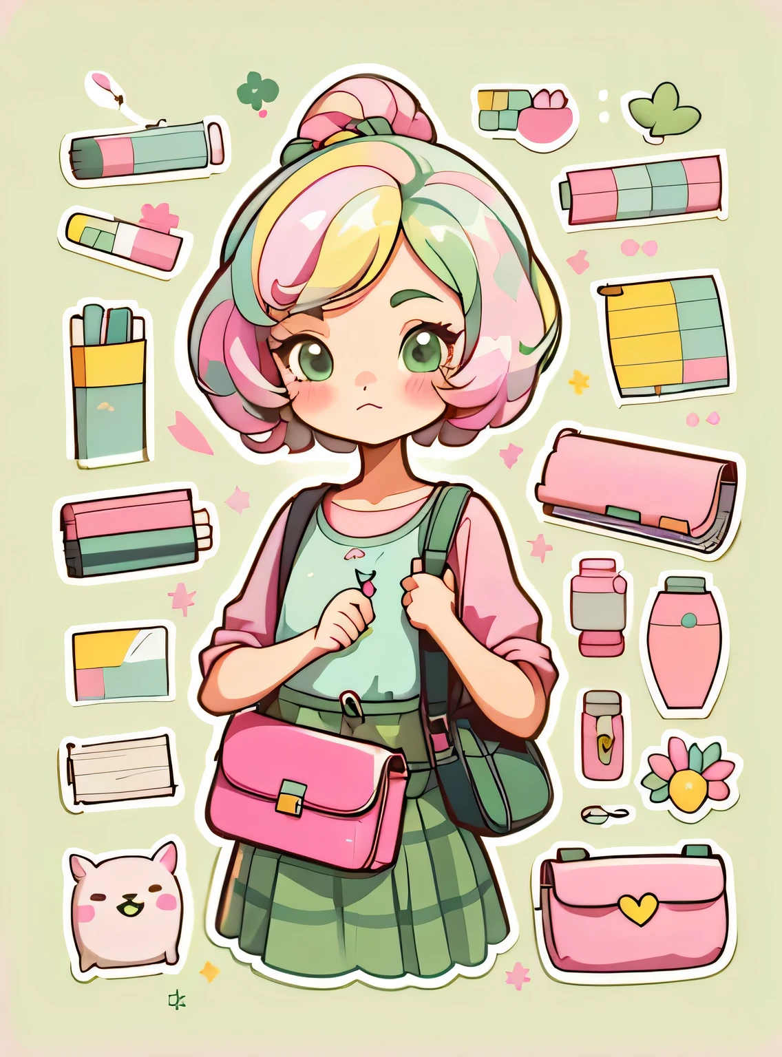 1 adesivo, manual, (uma garota estilosa, modelo, Top rosa, saco das senhoras, lots of Bonitinho cosmetics, caderno, papelaria, tissue, Bonitinho pouch), fundo amarelo e verde, fundo simples, minimum, Bonitinho, pequeno, cor pastel, estilo vetorial, sem gradiente，