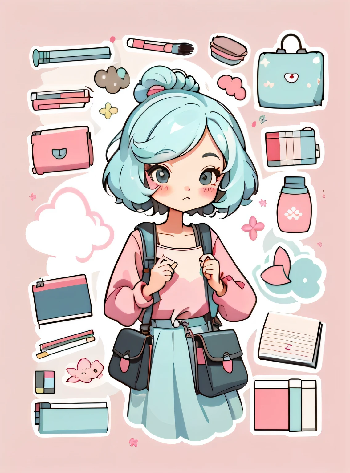 1 adesivo, manual, (uma garota estilosa, modelo, Top rosa, saco das senhoras, lots of Bonitinho cosmetics, caderno, papelaria, tissue, Bonitinho pouch), fundo vermelho e branco, fundo simples, minimum, Bonitinho, pequeno, cor pastel, estilo vetorial, sem gradiente，