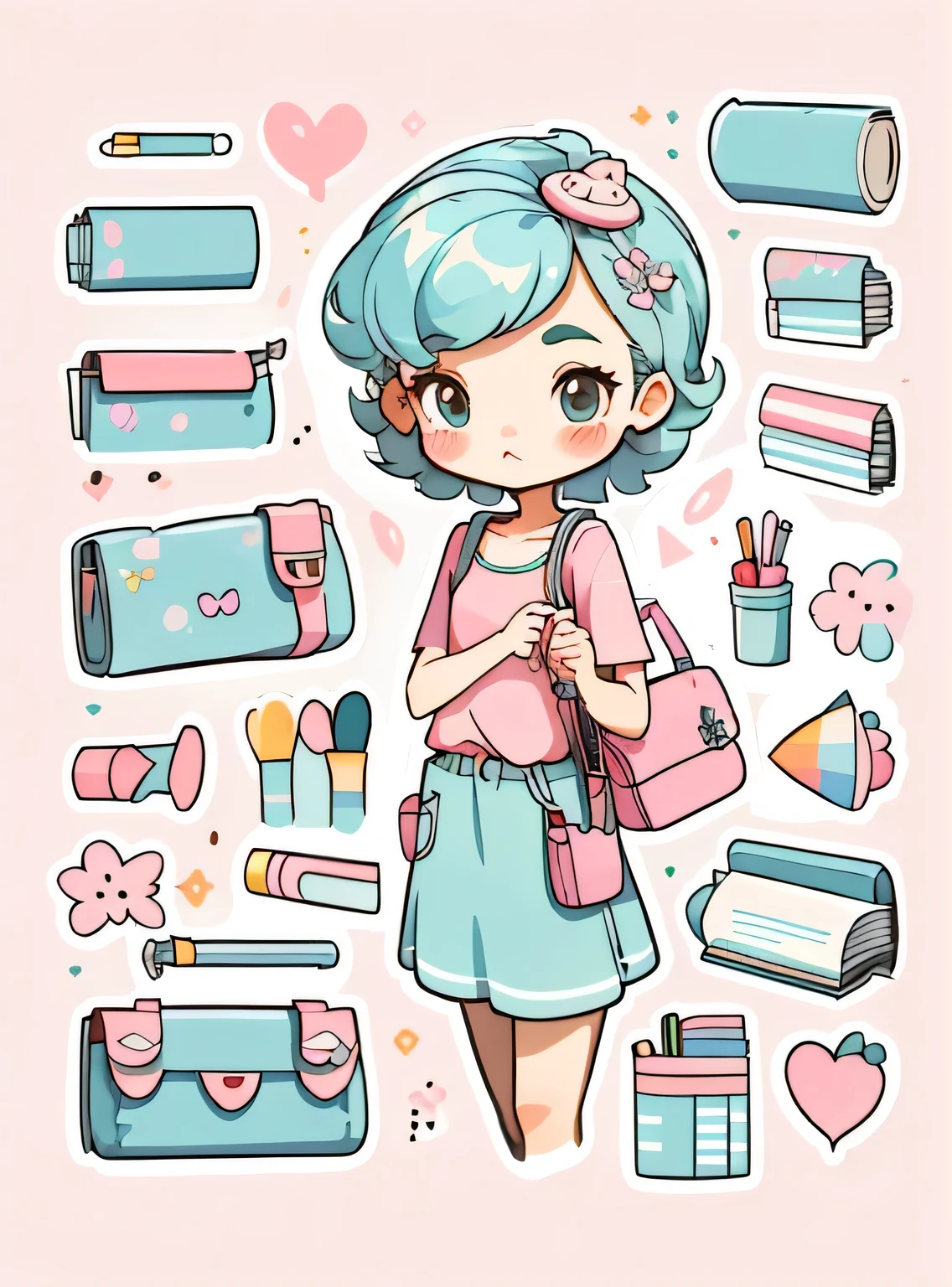 1 adesivo, manual, (uma garota estilosa, modelo, Top rosa, saco das senhoras, lots of Bonitinho cosmetics, caderno, papelaria, tissue, Bonitinho pouch), fundo vermelho e branco, fundo simples, minimum, Bonitinho, pequeno, cor pastel, estilo vetorial, sem gradiente，