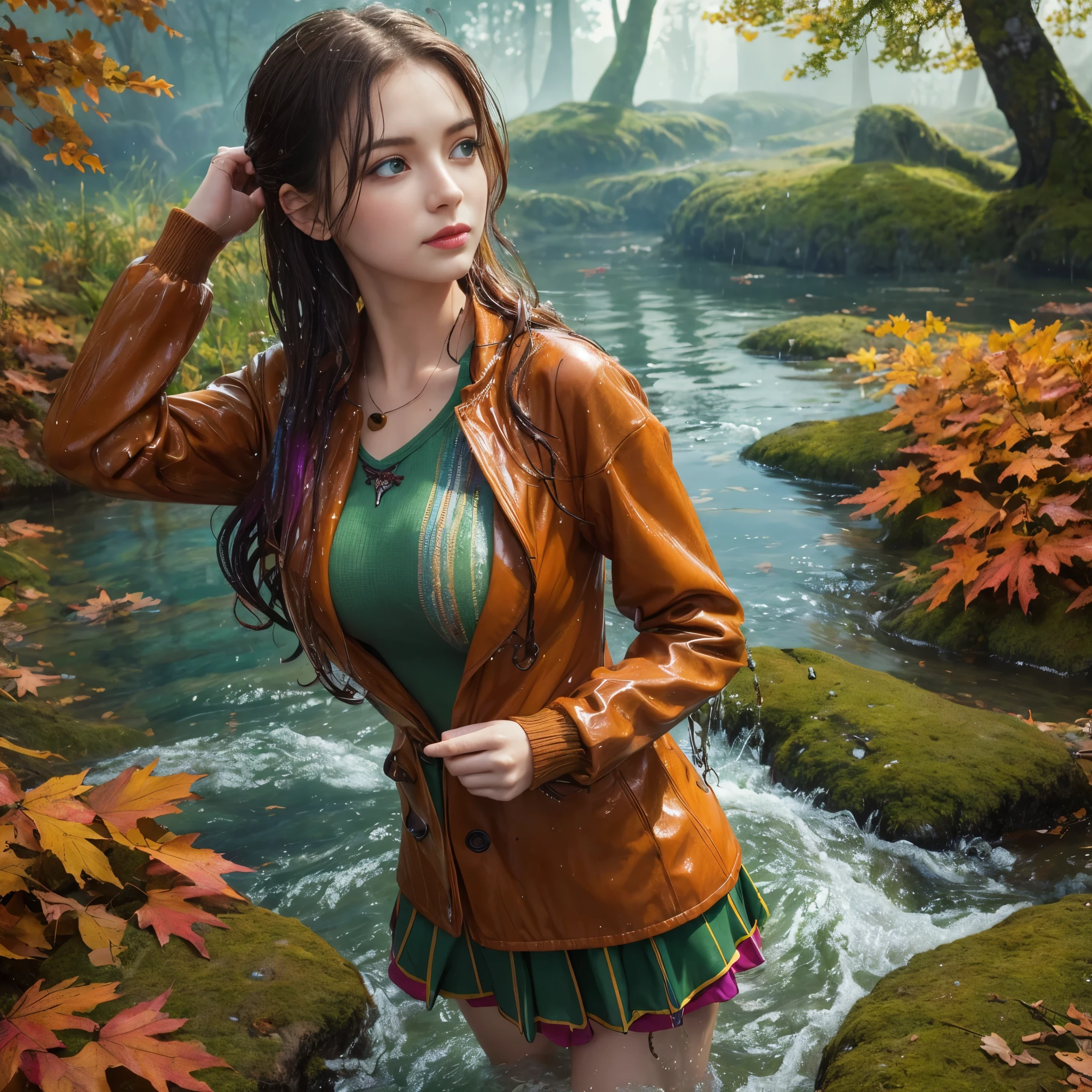 masterpiece, best quality, autumn outfit, colorful hair, outdoor,upper body, colorful autumnal clothes, ((fully clothed)), warm clothes, wet clothes, soaked, drenched, excited, wet hair, wet and slimy, water up to her chest, submerged, translucent, fantasy environment, fantastical, vivid colors, varied poses, detailed green eyes