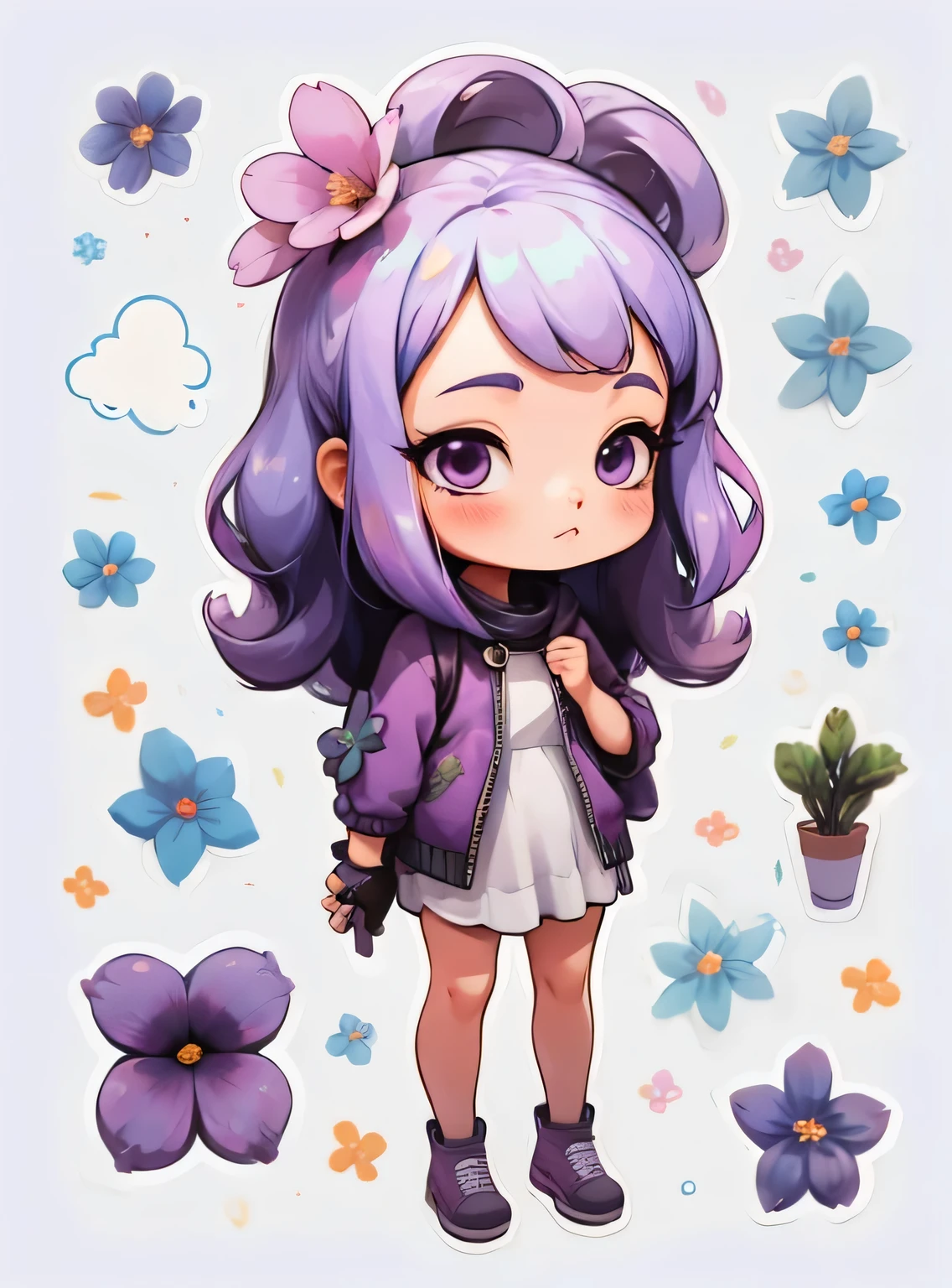 1 garota, fundo simples,3D,mini, corpo todo,cabelo roxo,pano roxo,com flores