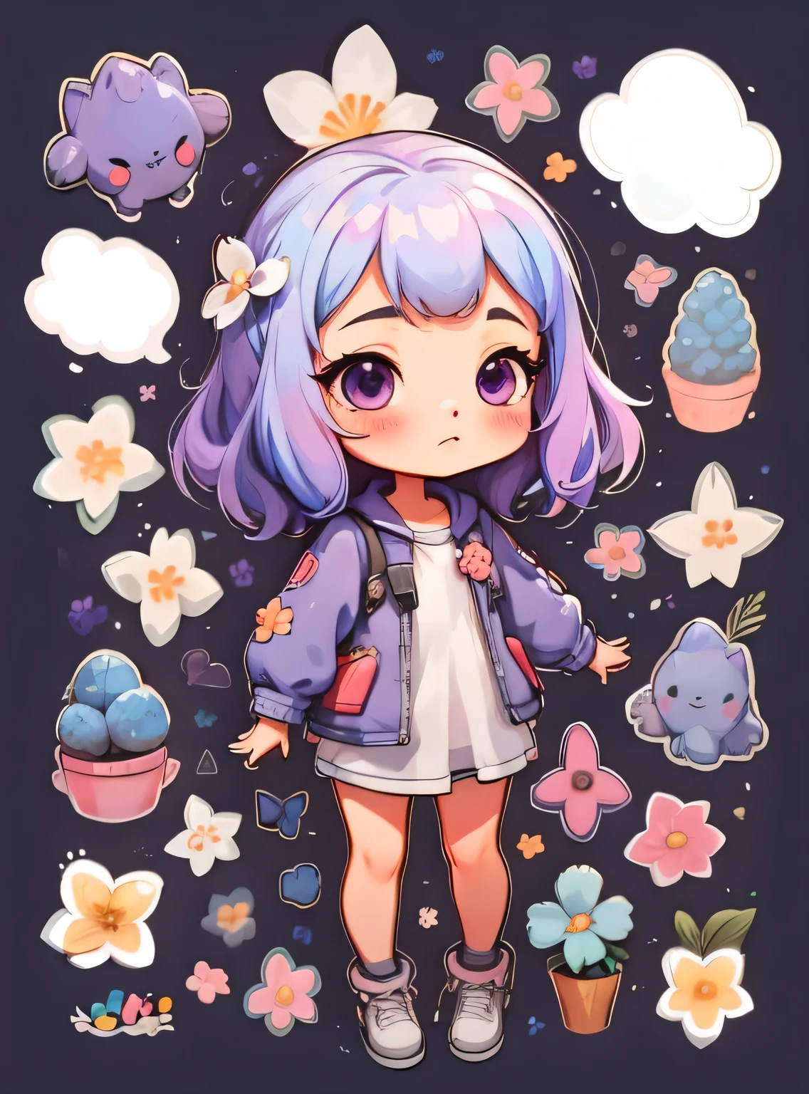1 garota, fundo simples,3D,mini, corpo todo,cabelo roxo,pano roxo,com flores