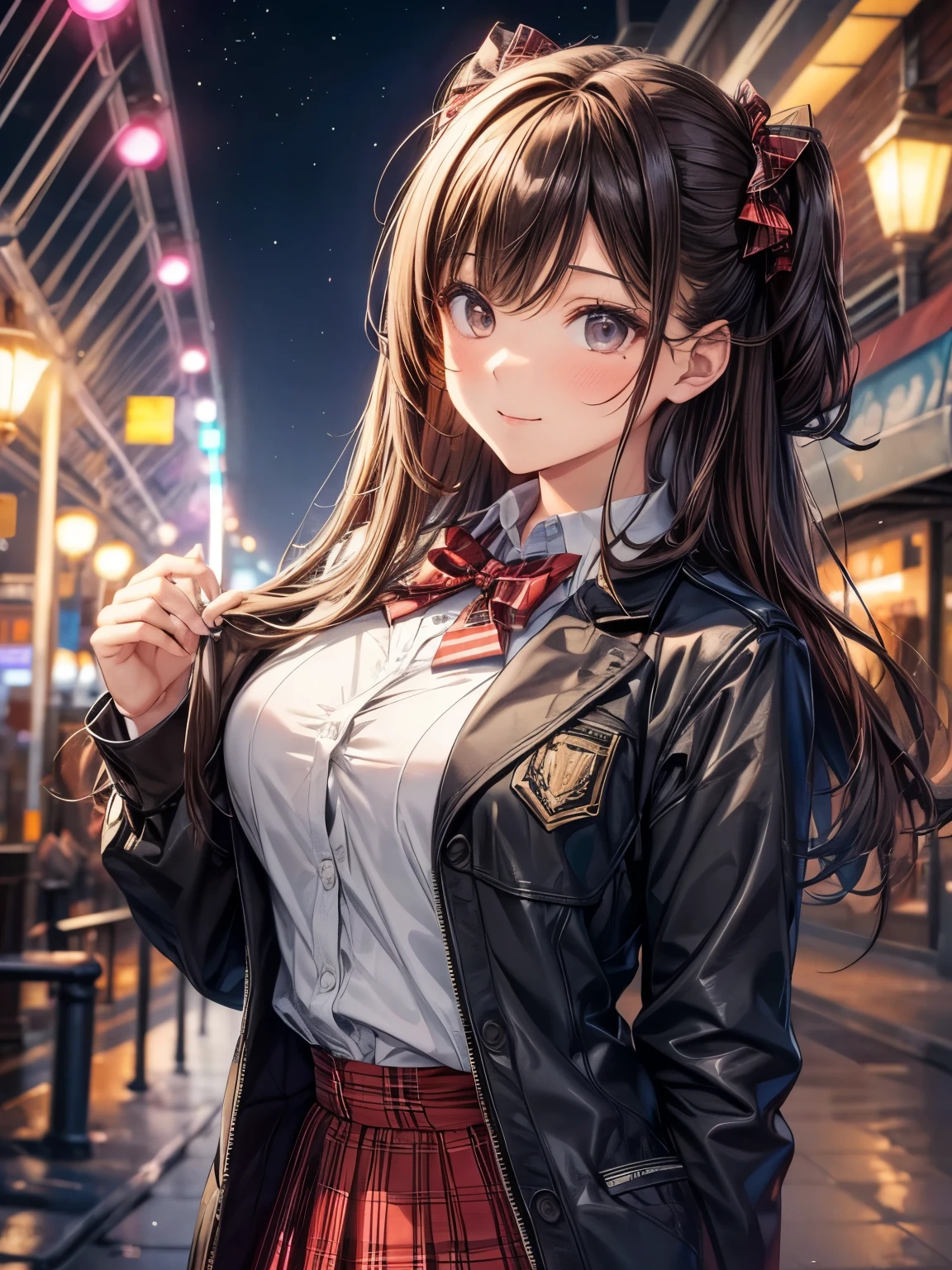 masterpiece, highest quality, High resolution, 1 girl, brown hair, long hair, bangs, brown eyes, big breasts, red bow tie, school uniform, black jacket, open jacket, white shirt, black skirt, plaid skirt, smile, open your mouth, amusement park, Inside the Ferris wheel cage, night, light up