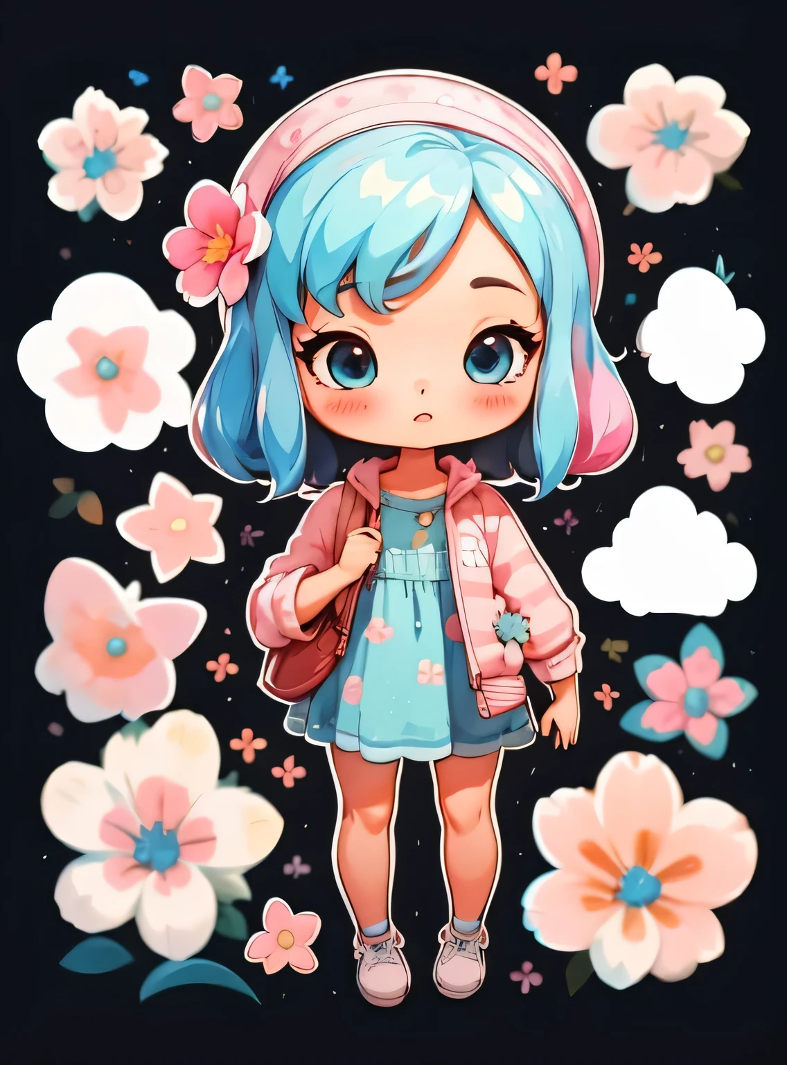 1 garota, fundo simples,3D,mini, corpo todo,cabelo azul,pano rosa,com flores