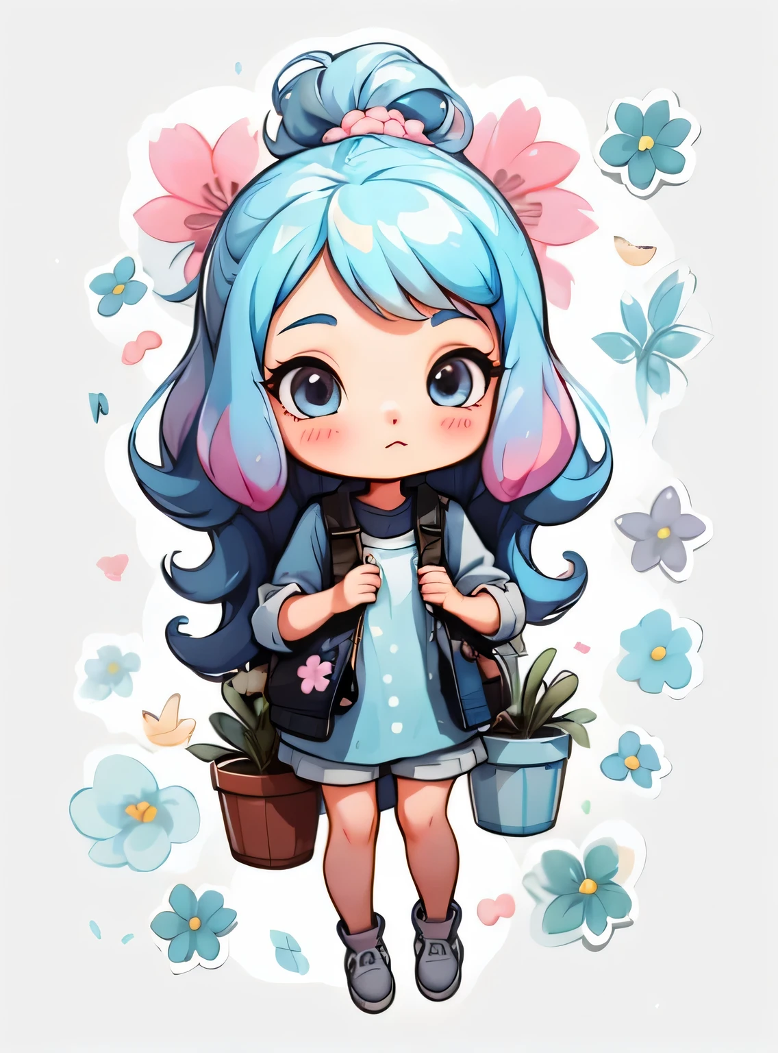1 garota, fundo simples,3D,mini, corpo todo,cabelo azul,pano rosa,com flores