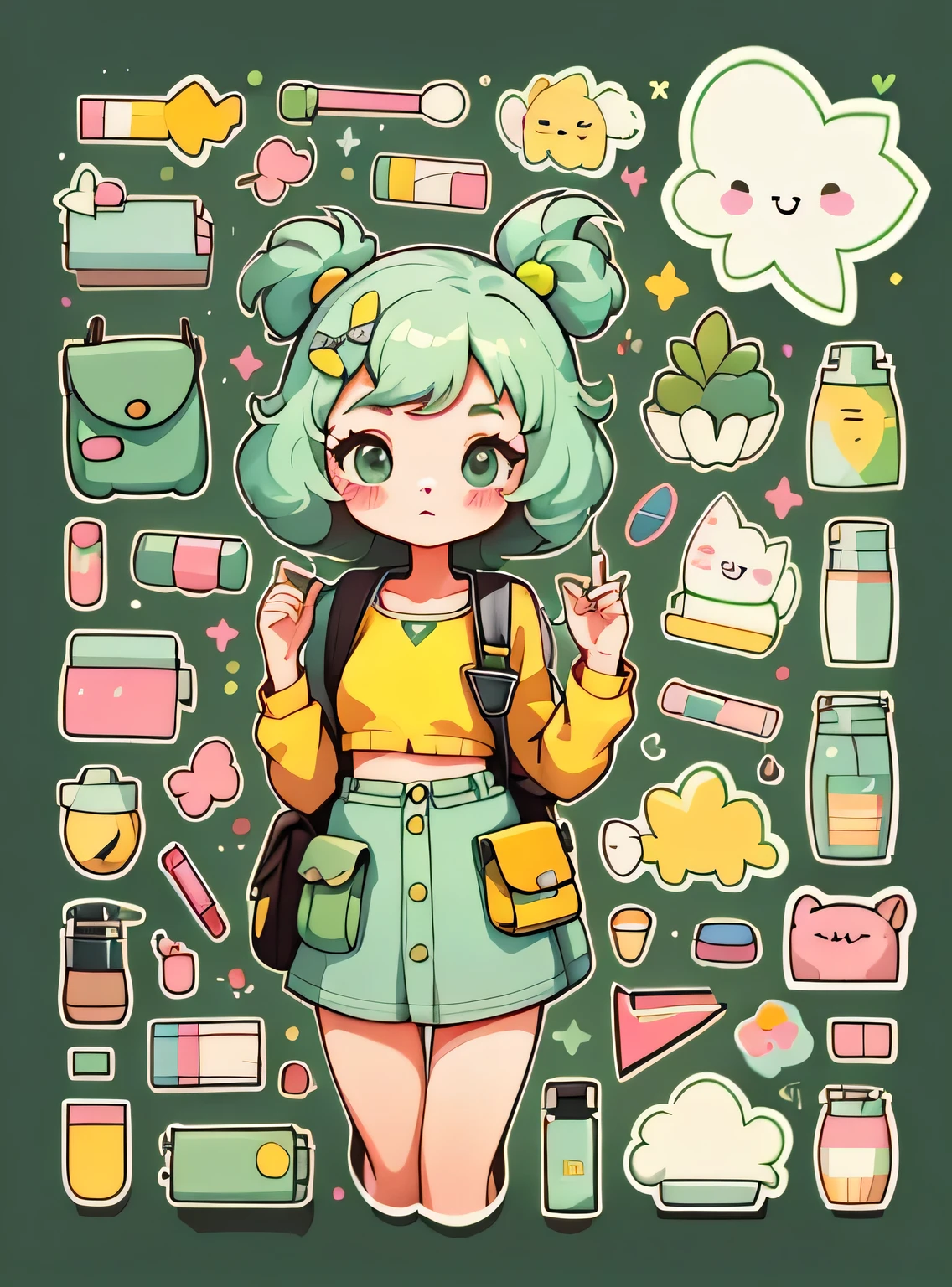 1 adesivo, manual, (uma garota estilosa, modelo, topo amarelo, mochila, lots of Bonitinho cosmetics, caderno, papelaria, tissue, Bonitinho pouch), fundo verde, fundo simples, minimum, Bonitinho, pequeno, cor pastel, estilo vetorial, sem gradiente,