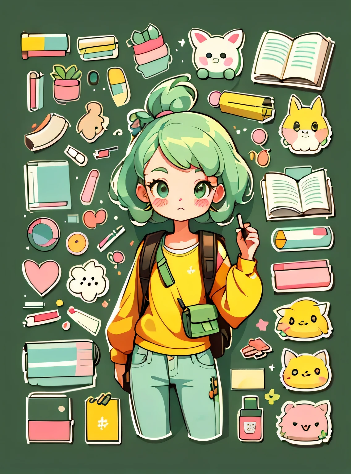 1 adesivo, manual, (uma garota estilosa, modelo, topo amarelo, mochila, lots of Bonitinho cosmetics, caderno, papelaria, tissue, Bonitinho pouch), fundo verde, fundo simples, minimum, Bonitinho, pequeno, cor pastel, estilo vetorial, sem gradiente，