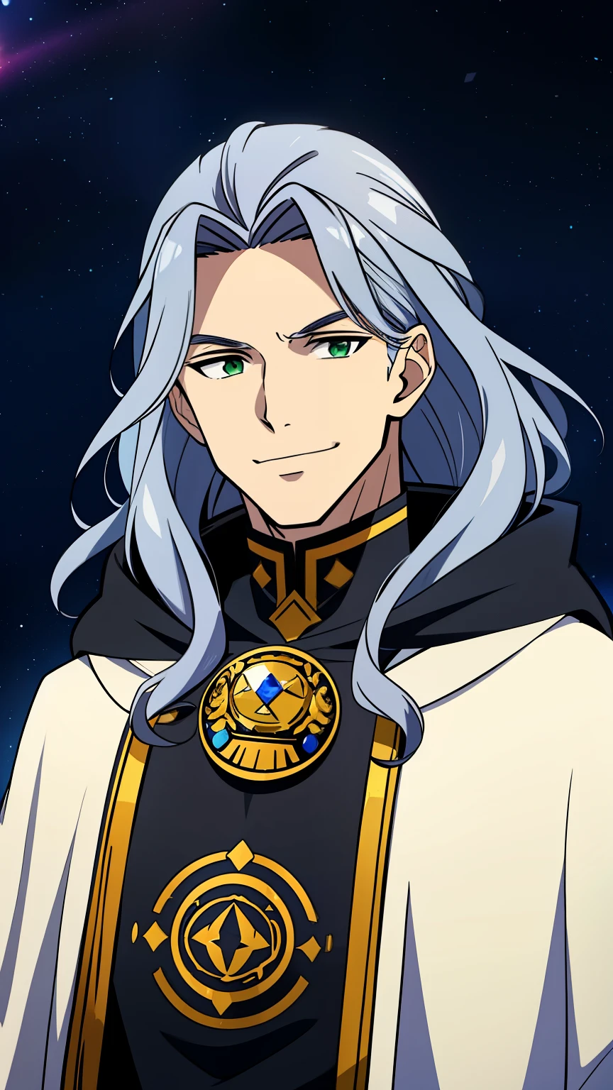 (high-quality, breathtaking),(expressive eyes, perfect face) 1male, male, solo, adult age, medium length hair, Grey hair color, glowing hair, white strands in hair, unkept hair, wavy hair, deep green eyes, soft expression, black cloak, white shirt, fantasy mage clothing, Mercury planet, Mercury Roman God of Travellers and Trickery, space background, portrait, upper body, magic, dad vibe, smile, Hermes inspired
