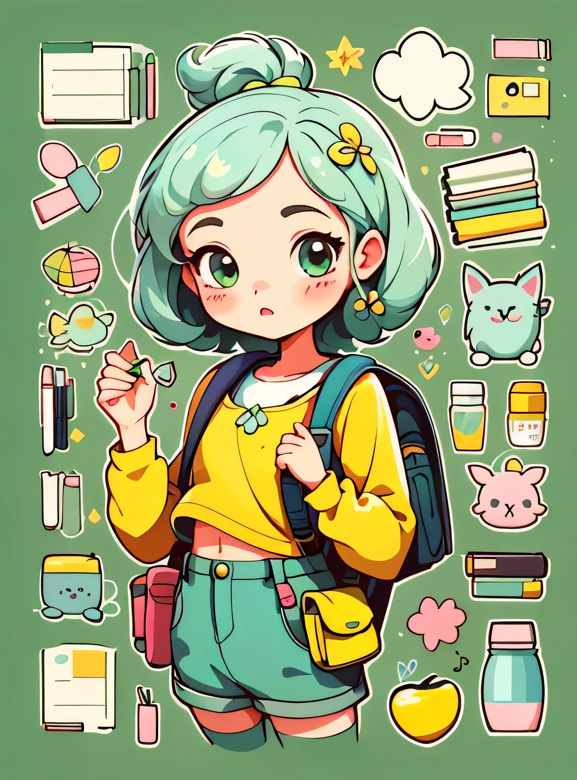 1 adesivo, manual, (uma garota estilosa, modelo, topo amarelo, mochila, lots of Bonitinho cosmetics, caderno, papelaria, tissue, Bonitinho pouch), fundo verde, fundo simples, minimum, Bonitinho, pequeno, cor pastel, estilo vetorial, sem gradiente，