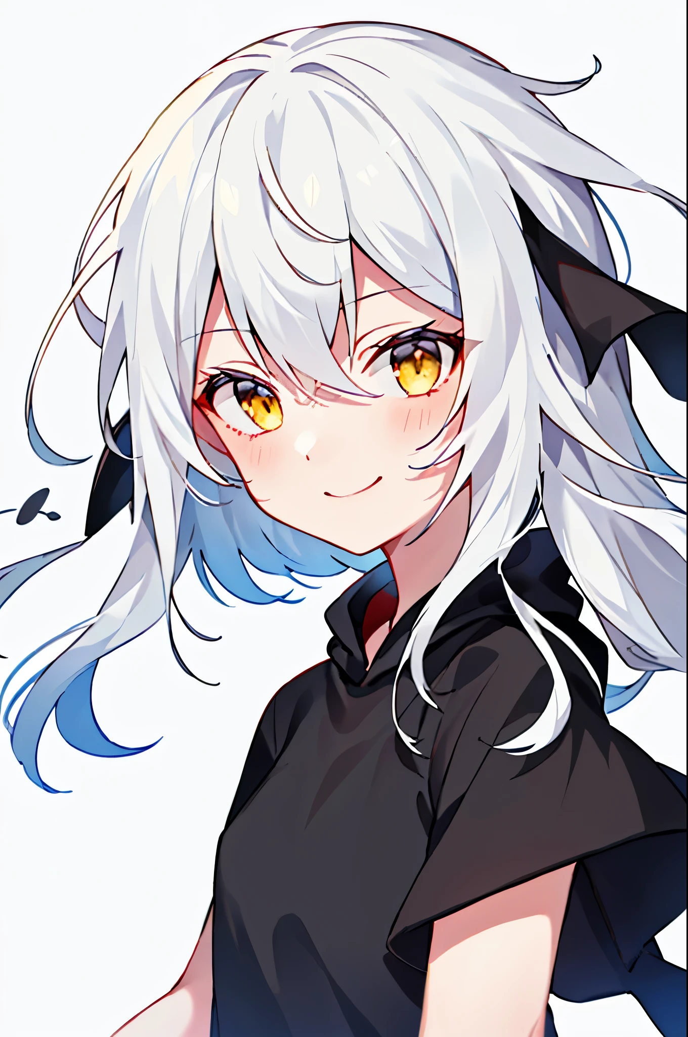 (high-quality, breathtaking),(expressive eyes, perfect face), 1girl, girl, solo, short, young girl, long white hair, yellow eyes, smile, black hoodie, white background , She wears a black skirt