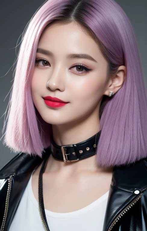 (Top Quality, 4k, Masterpiece: 1.3), korean Woman, 1 Girl, Sexy: 1.1, lilac Hair: 1.1, long hair, Glossy, Latex black crop top,fur-trimmed bomber jacket, Ultra Detailed Face, Detailed Lips, Detailed Eyes, Red Lipstick, happy smile with theeth, professional makeup,ear piercing, chocker, ,swept bangs, hime_cut_hairstyle