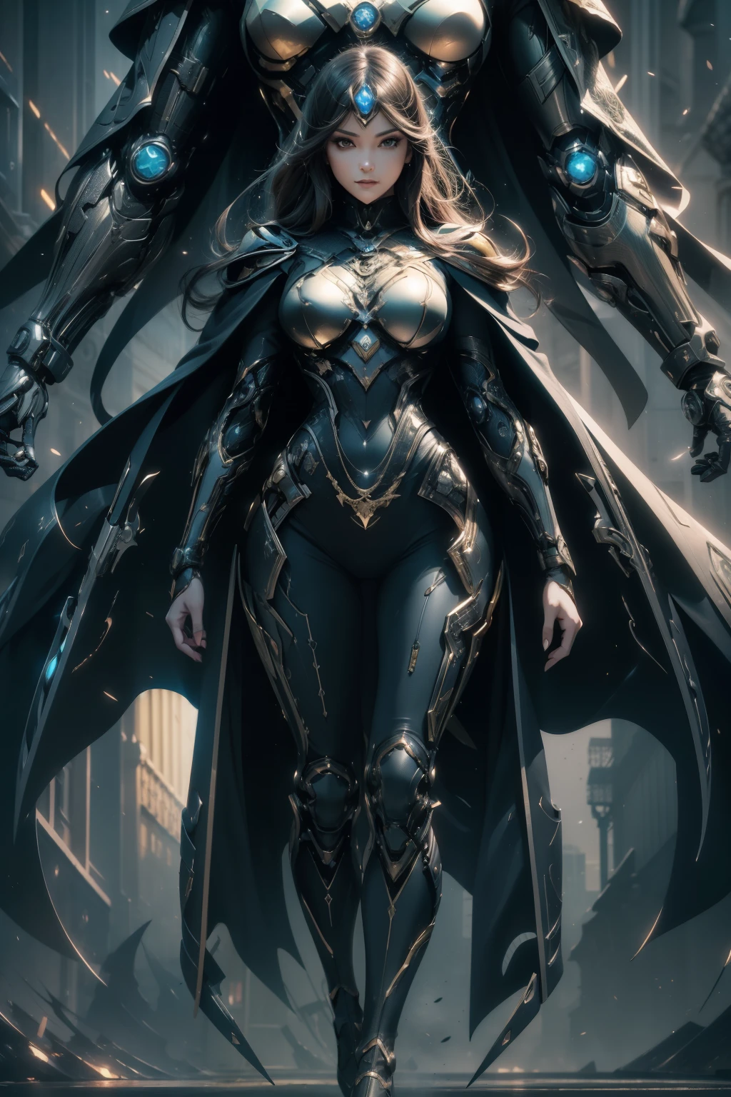 Waist up (perspective angle from bottom to top) super heroine hot woman (masterpiece), best quality, expressive eyes, perfect face, art in fantasy mythic action effect, sharp focus, wearing super detailed suit with mechanicles part & hero cape, cybersamurai, glowing, holding sword