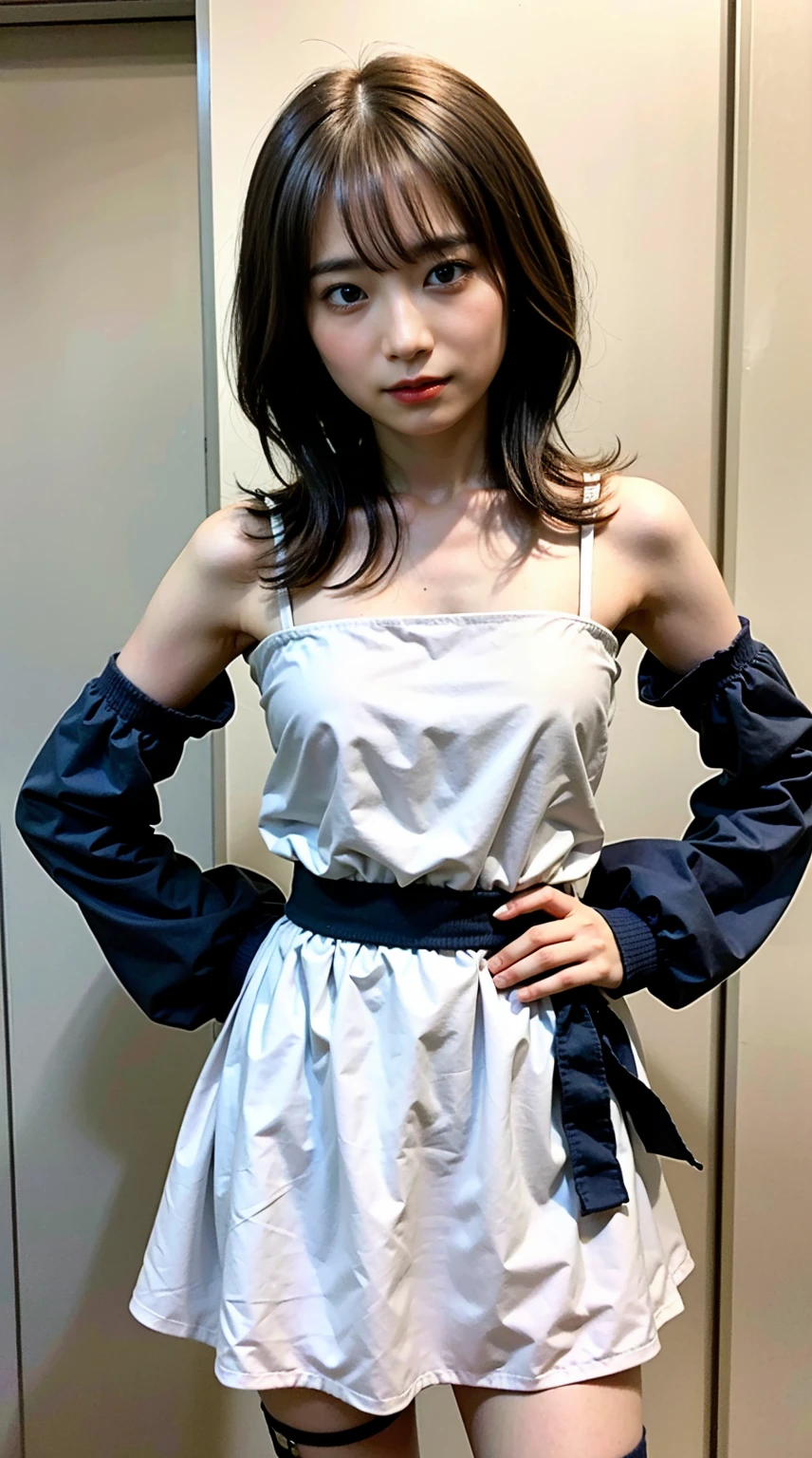 (8K、RAW photo、highest quality、masterpiece:1.2)、(realistic、Photoreal)、1 girl、I have a mole next to my eye、((Princess-like white and pink mini dress、sandals、black ribbon、See-through sleeves、torn clothes、Clothes full of scratches、））、lots of eyelashes、glitter on eyelids、black knee high socks、Skeletally correct、thighs open、medium long hair、sweaty body、attractive body beautiful perfect body、Beautifully aligned fingertips、chained on the hands and feet、mouth covered、dungeon、 chamber、nervous look