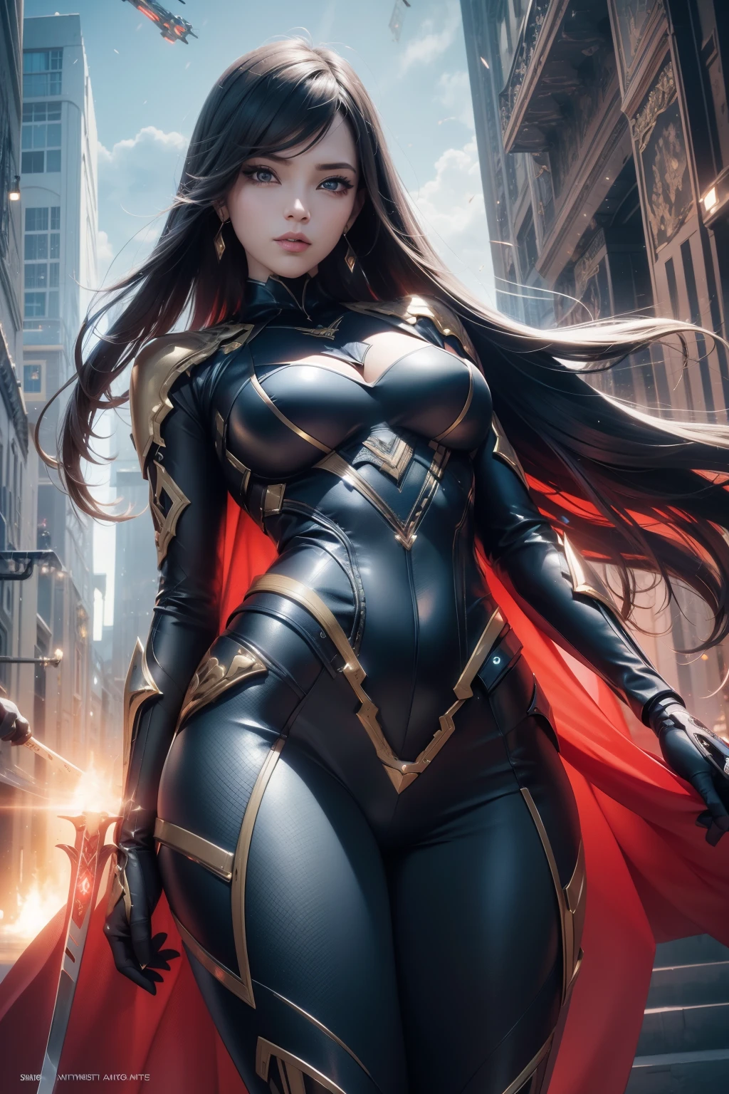 Waist up (perspective angle from bottom to top) super heroine hot woman (masterpiece), best quality, expressive eyes, perfect face, art in fantasy mythic action effect, sharp focus, wearing super detailed suit with mechanicles part & hero cape, cybersamurai, glowing, holding sword